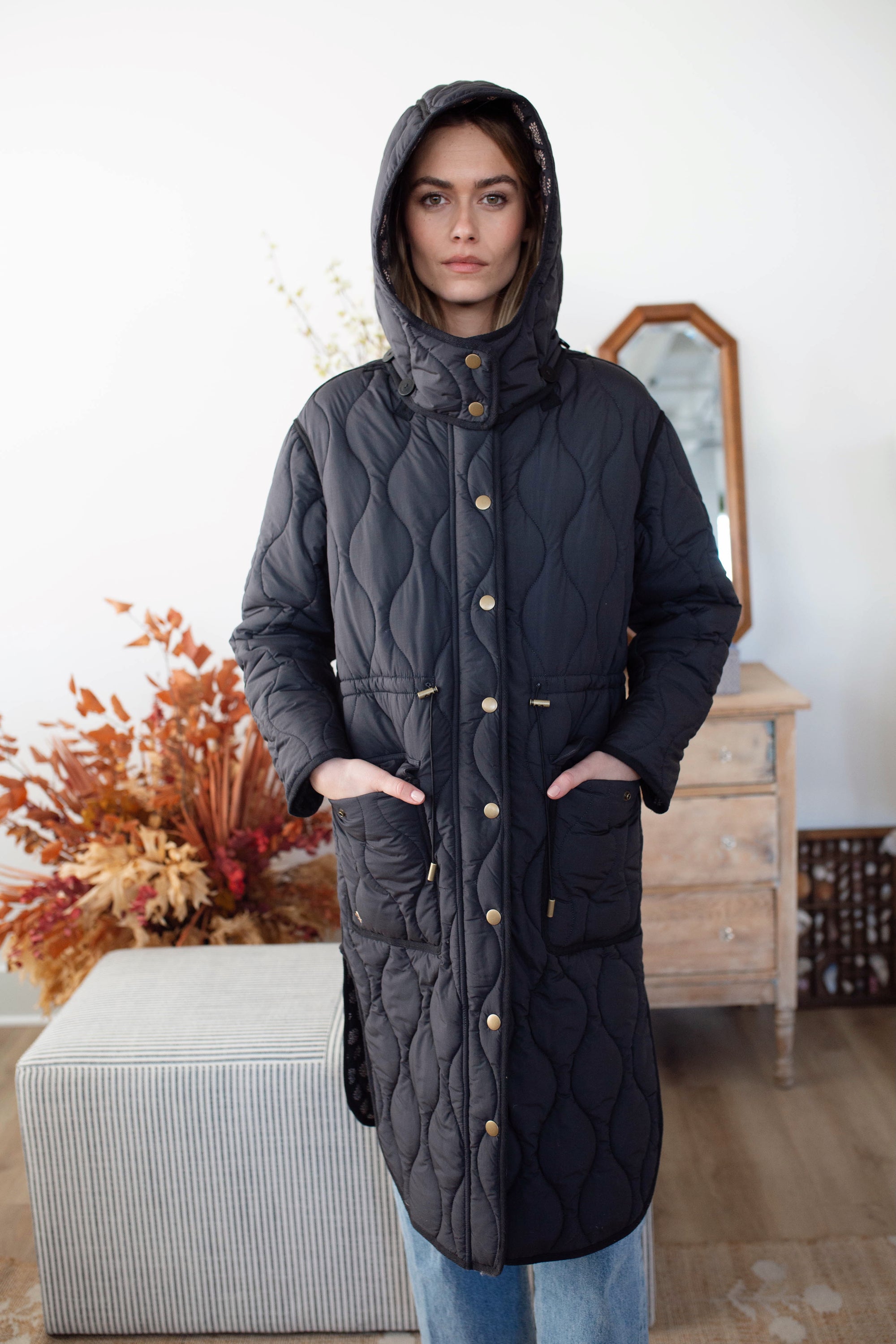 Reversible Quilted Coat - Black Mini Meadow