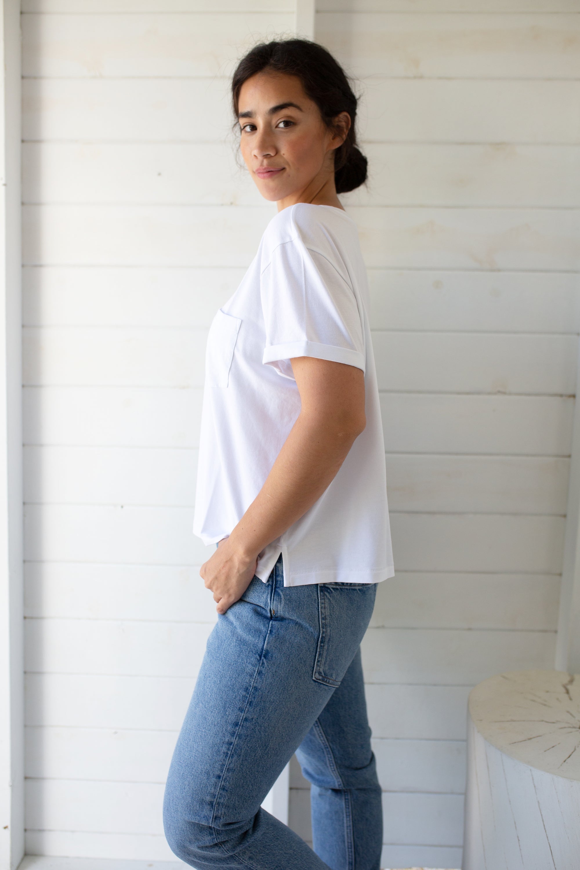 Short Sleeve Roller V Neck Tee - White