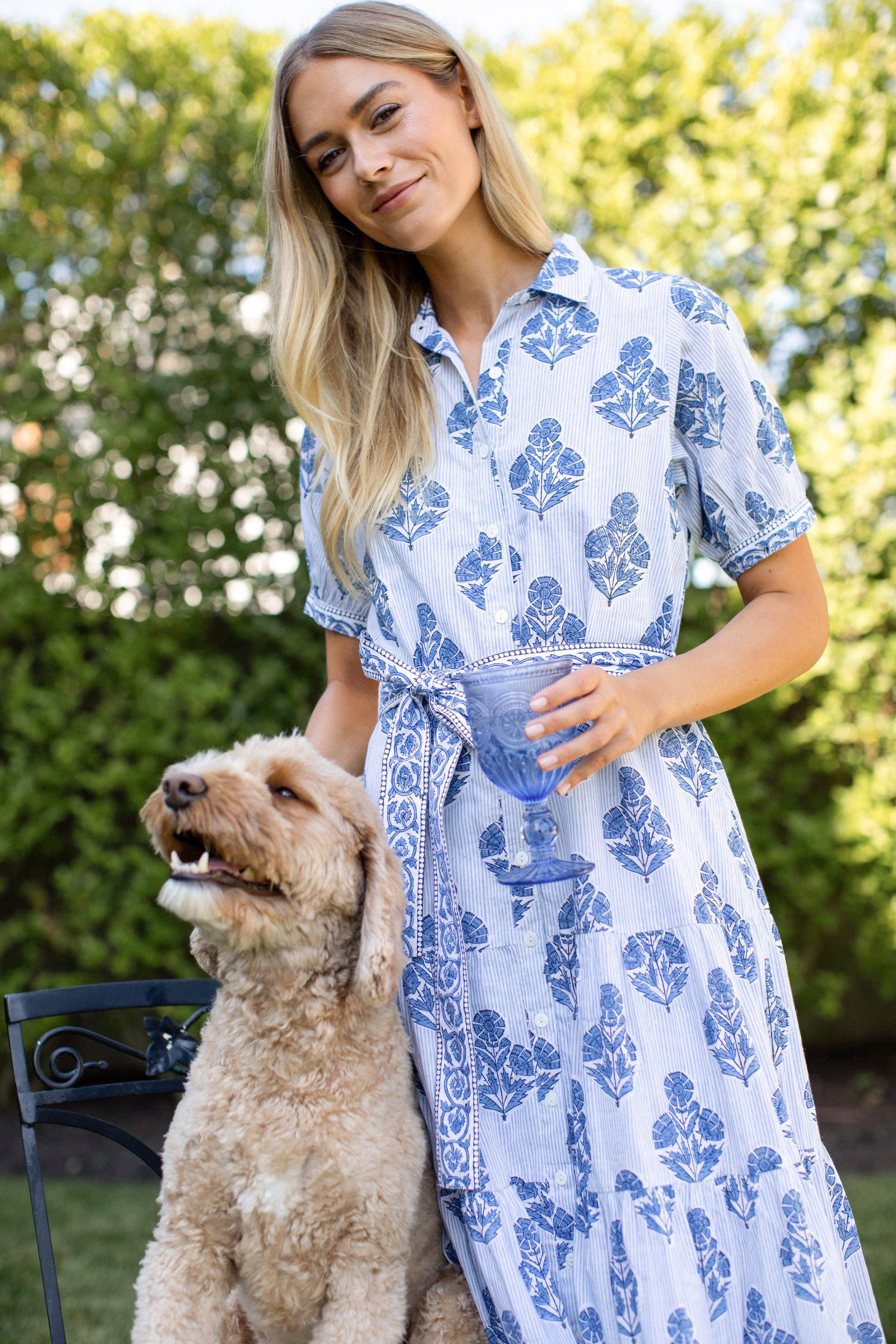 Short Sleeve Shirt Dress - Indigo Striped Hollyhock
