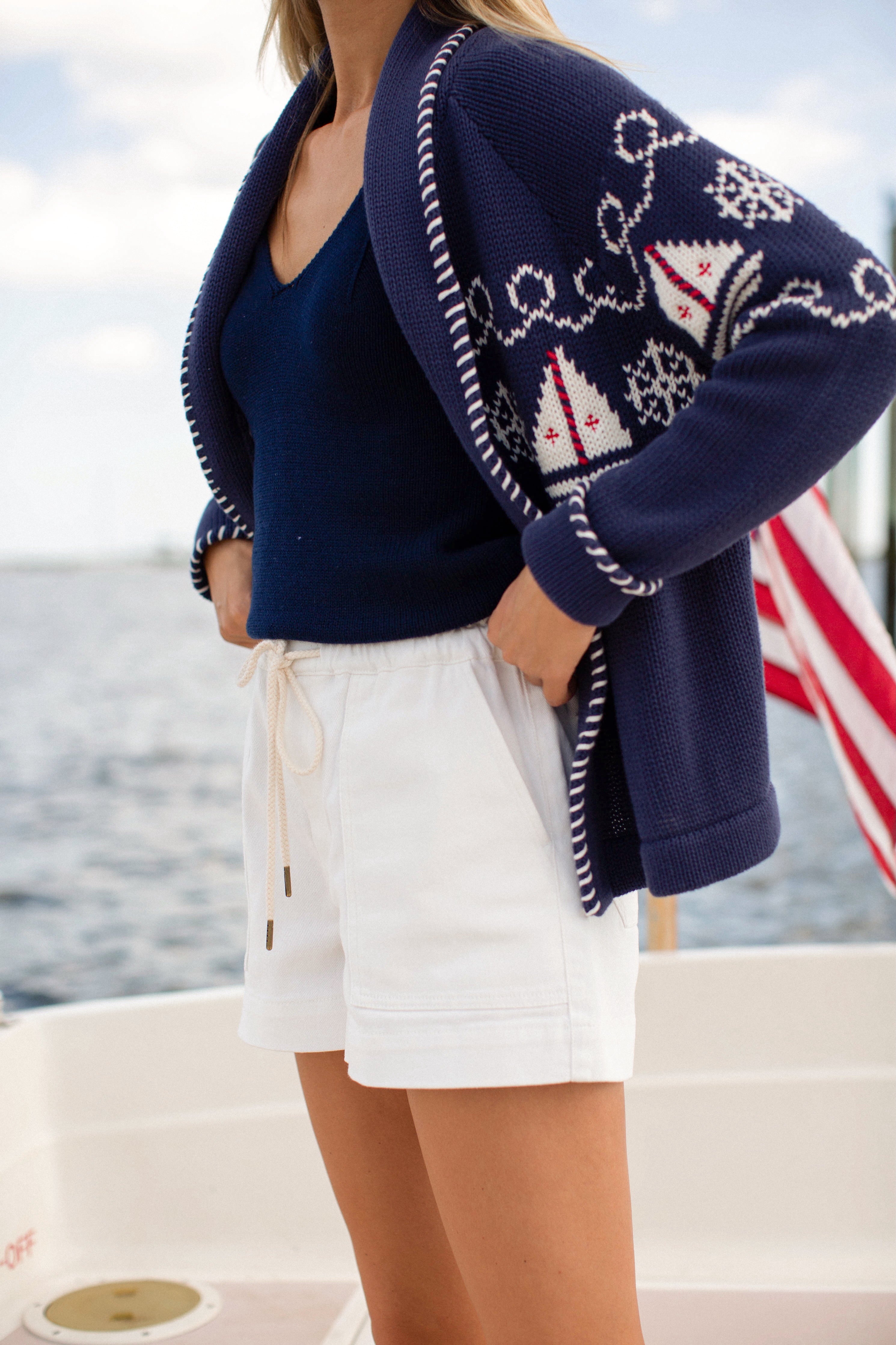 Marea Shawl Cardigan in Nautical Intarsia – Navy – Marea by Liz Joy