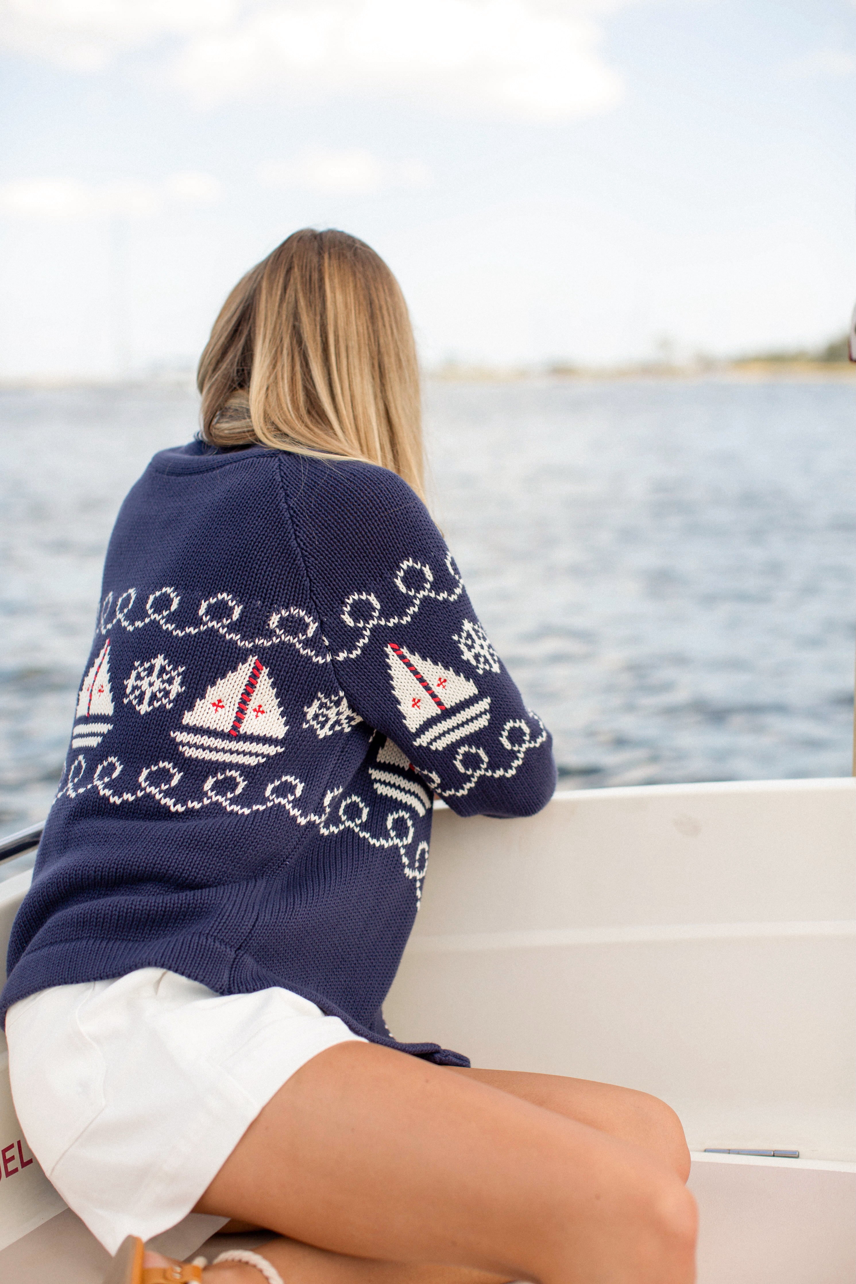 Marea Shawl Cardigan in Nautical Intarsia – Navy – Marea by Liz Joy