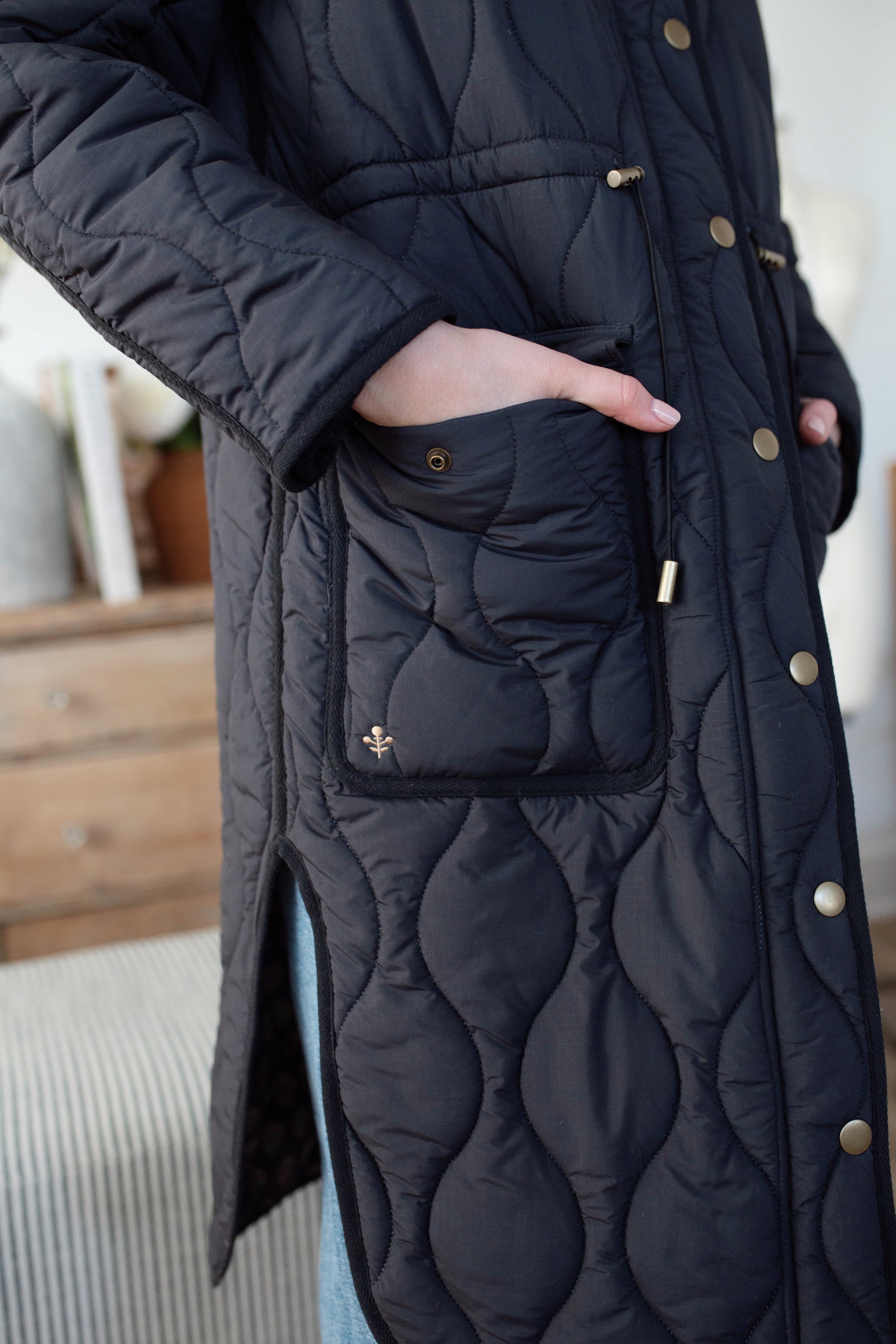 Reversible Quilted Coat - Black Mini Meadow