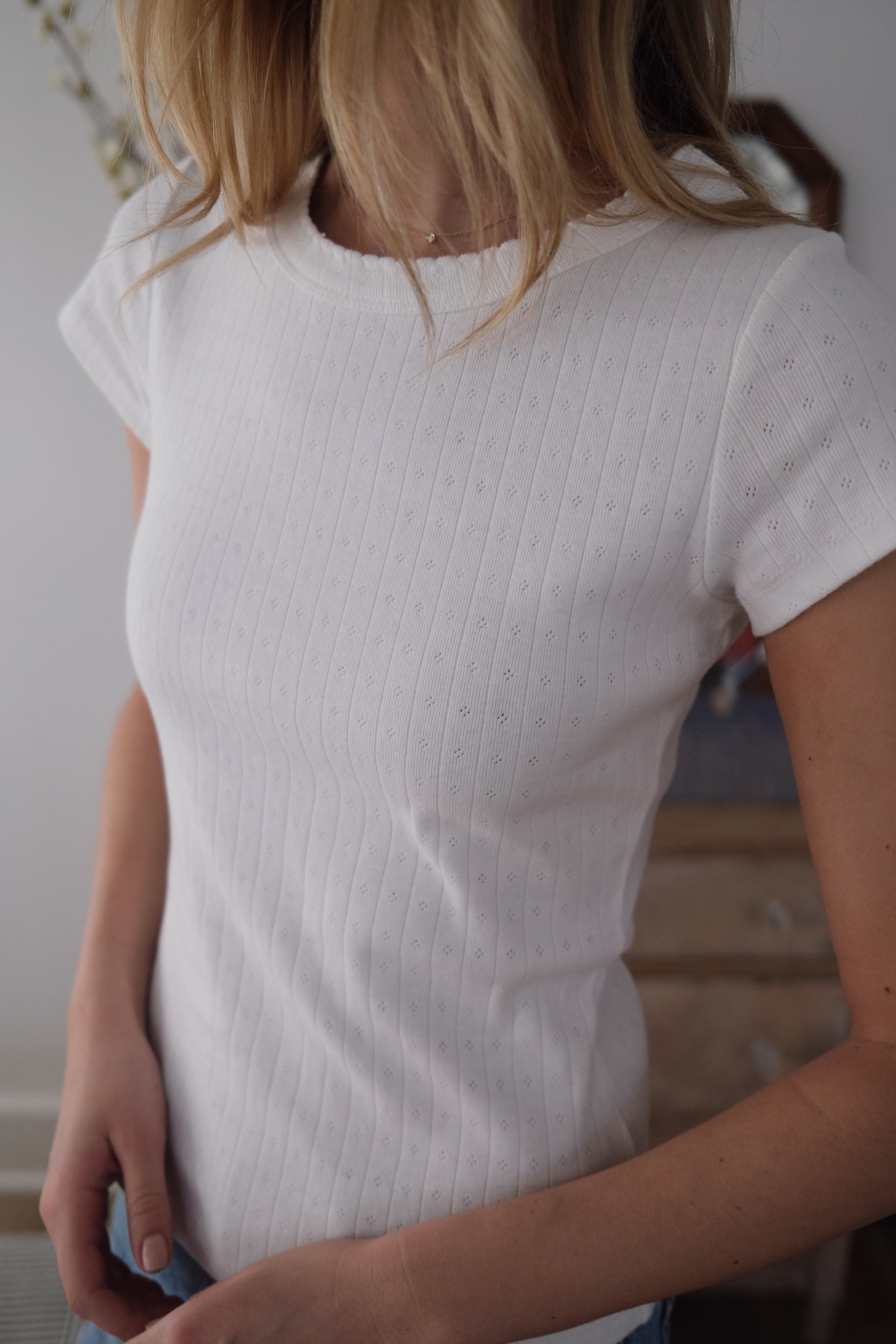 Pointelle Short Sleeve Crewneck - White