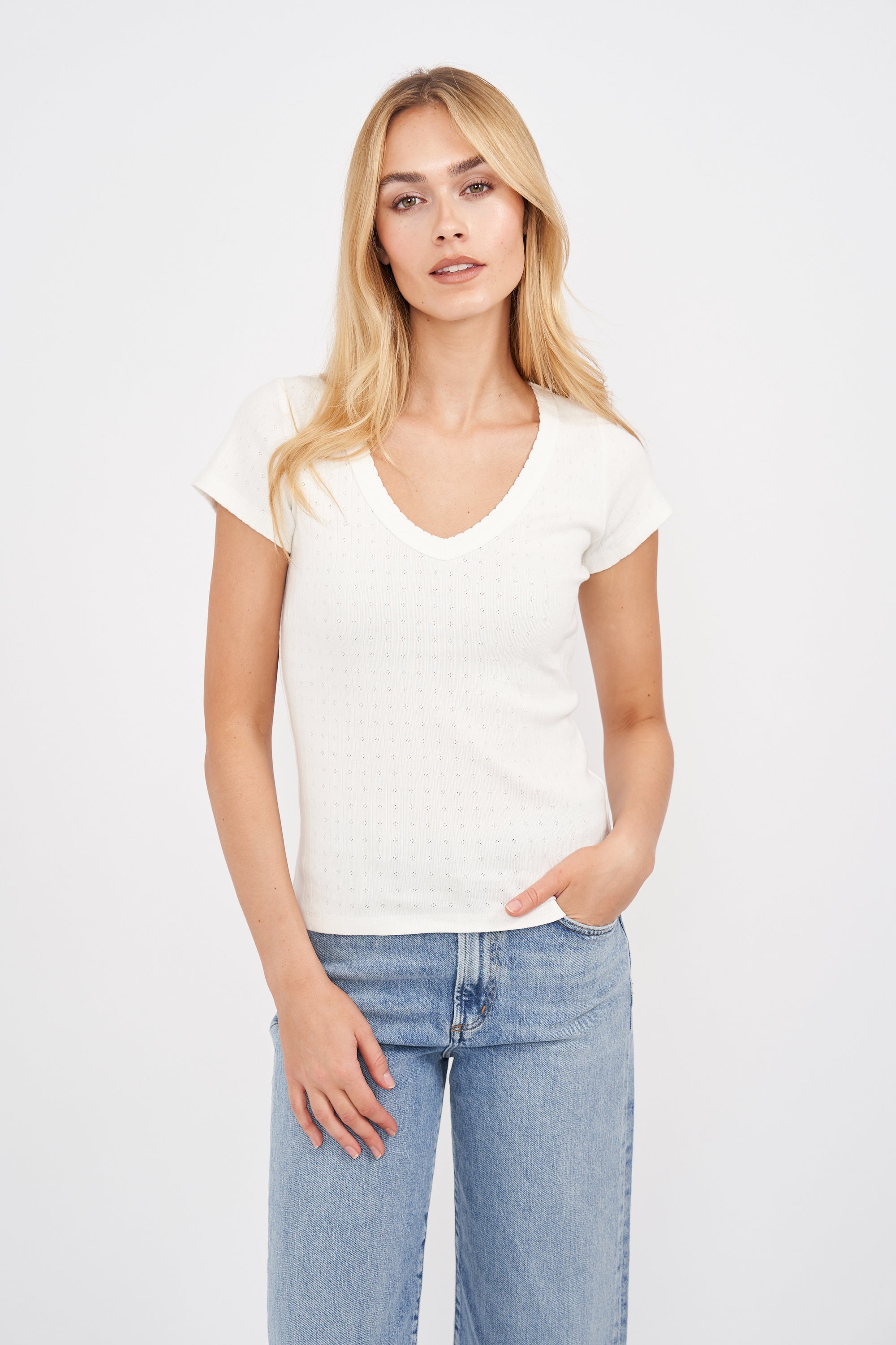 Pointelle V-Neck Tee - White