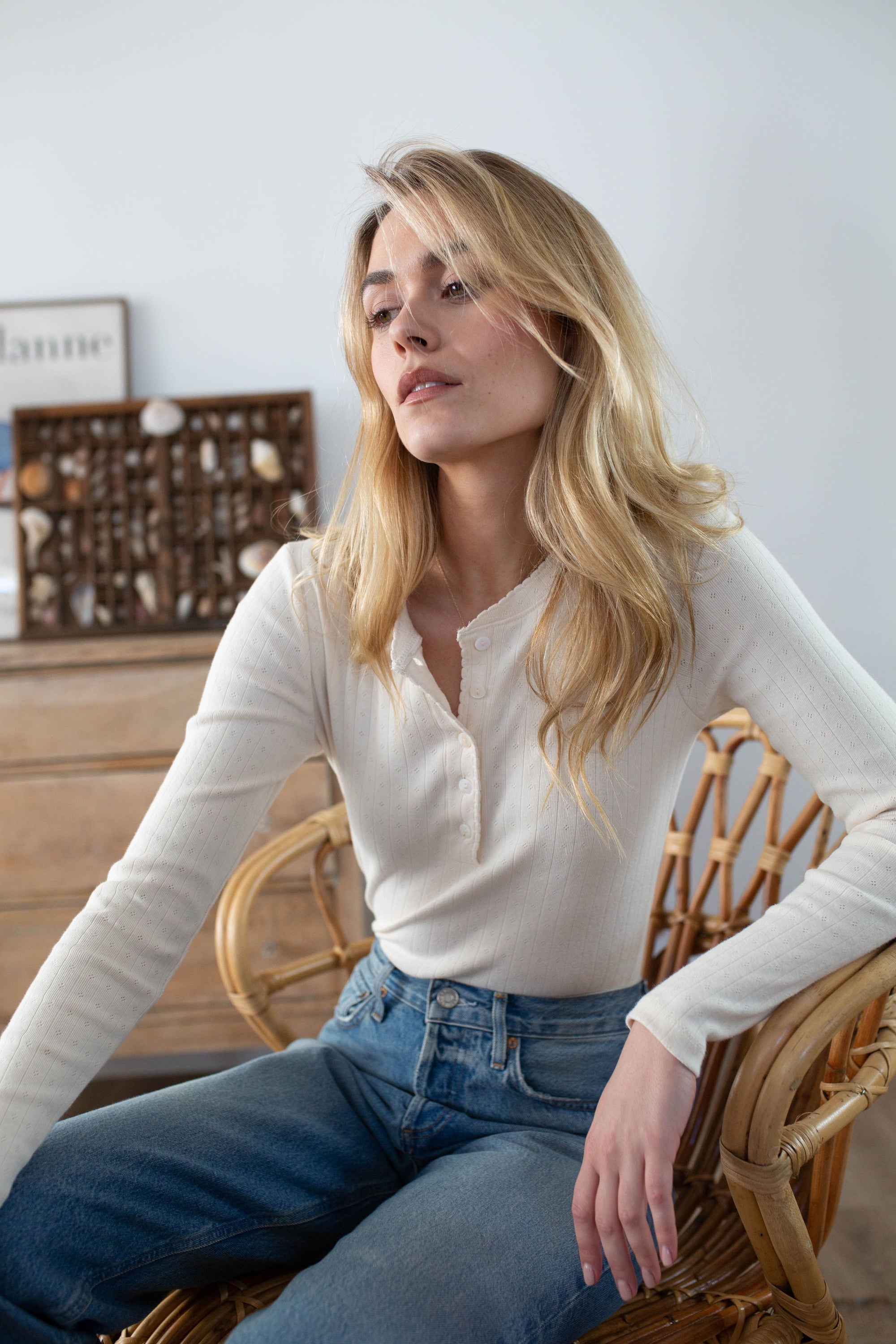 Pointelle Long Sleeve Henley - Ivory