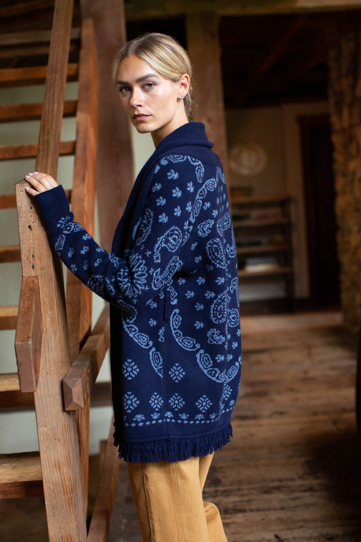 PRE-ORDER Marea Shawl Cardigan in Bandana Fringe - Navy