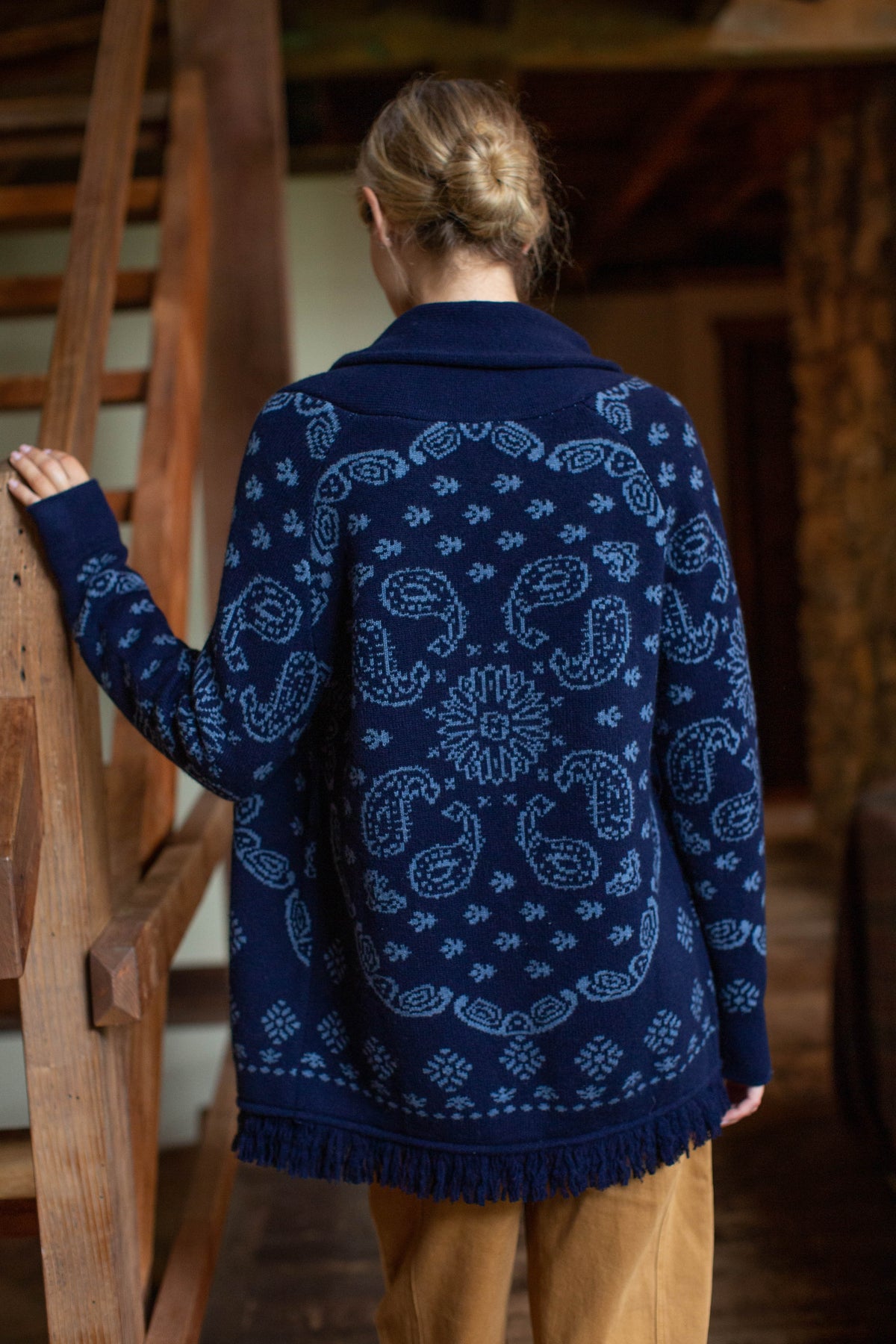 PRE-ORDER Marea Shawl Cardigan in Bandana Fringe - Navy