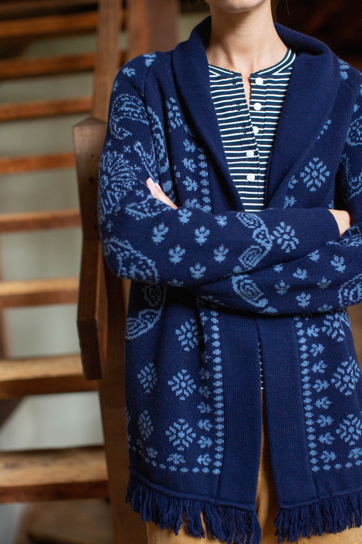 PRE-ORDER Marea Shawl Cardigan in Bandana Fringe - Navy