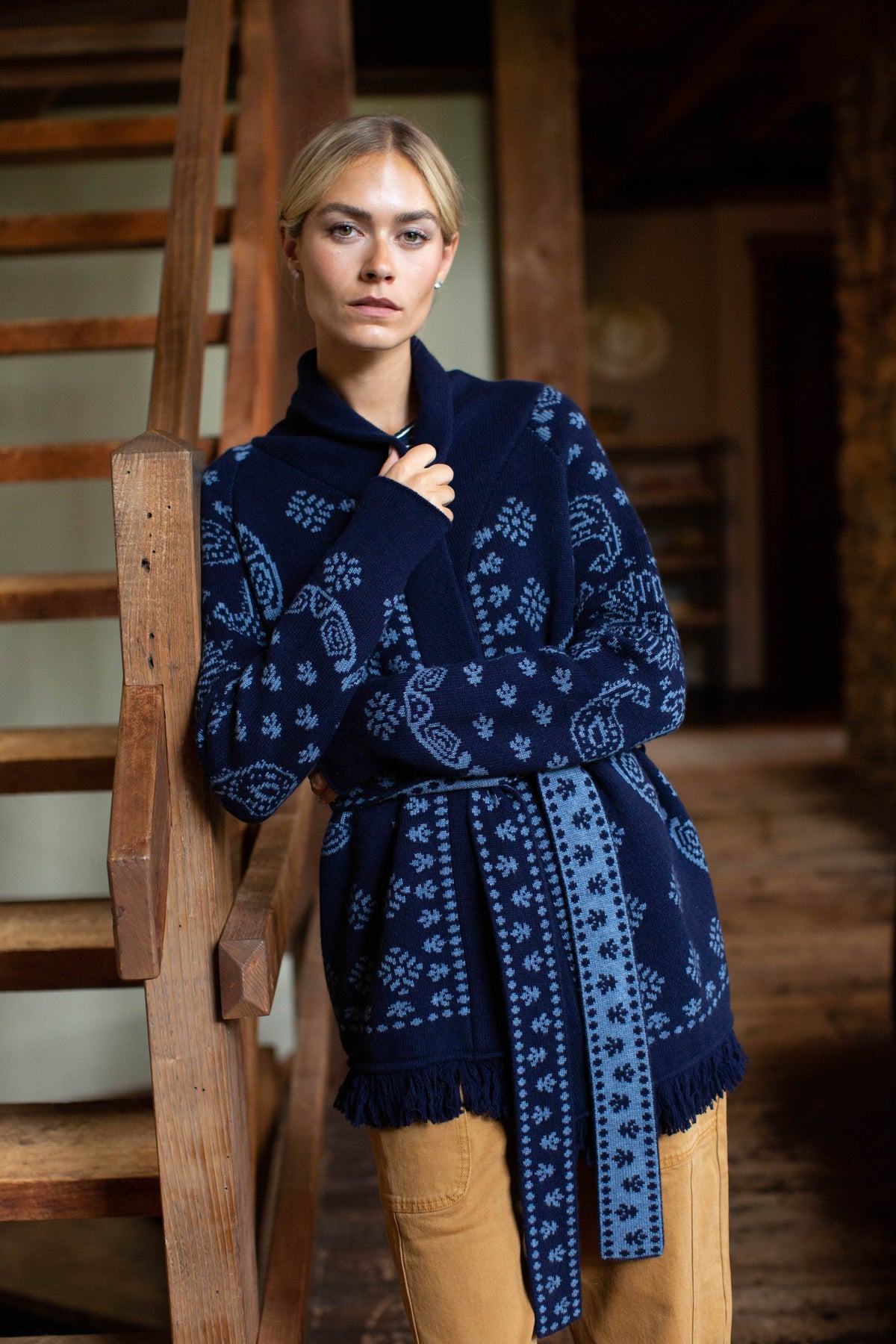 PRE-ORDER Marea Shawl Cardigan in Bandana Fringe - Navy