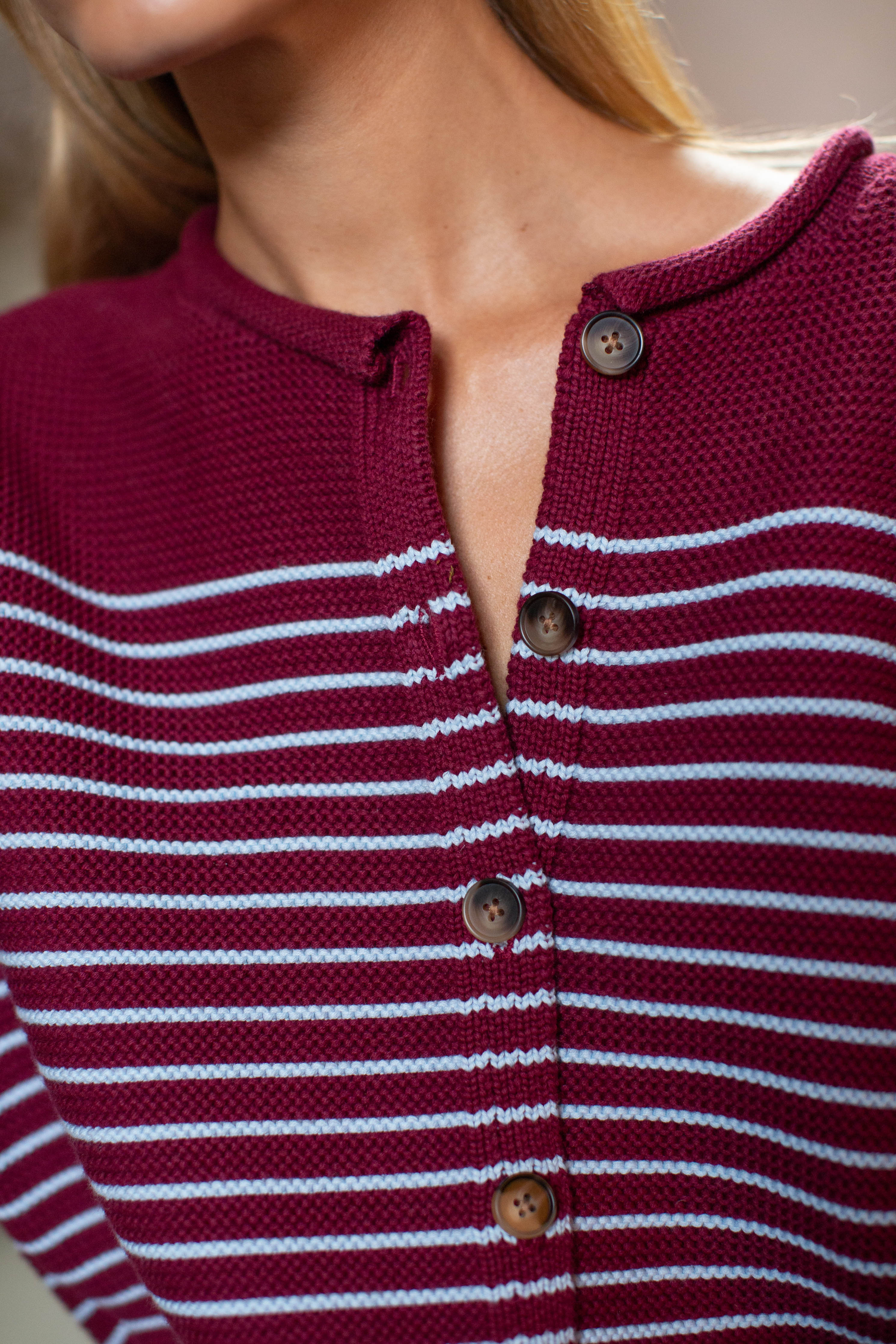Martha Cardigan - Burgundy/Pale Blue Stripe – Marea by Liz Joy