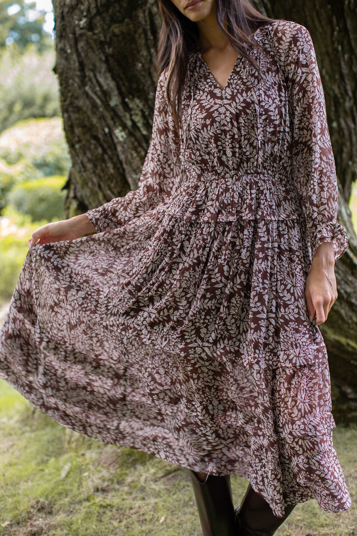 Willow Chiffon Midi Dress - Chocolate Lace Floral