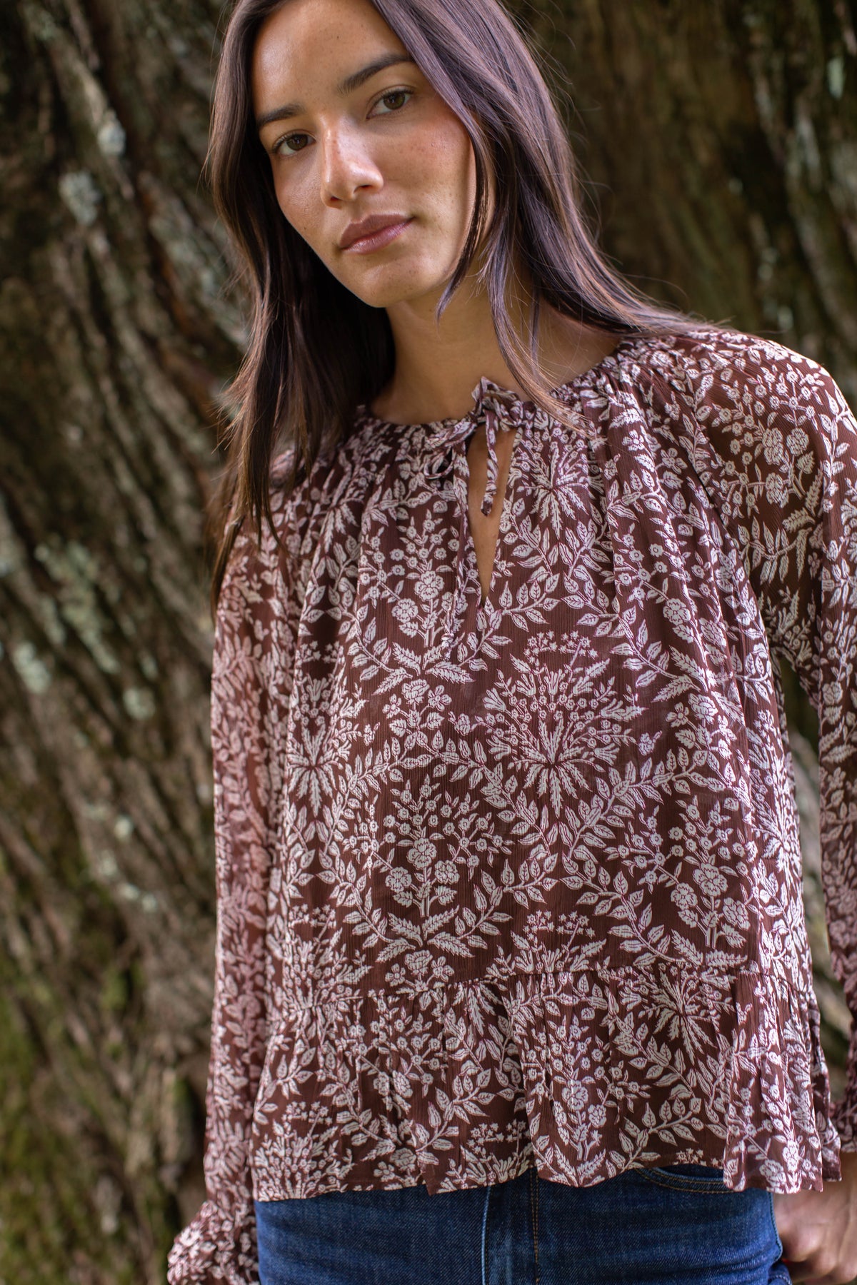 Audra Chiffon Peplum Top - Chocolate Lace Floral