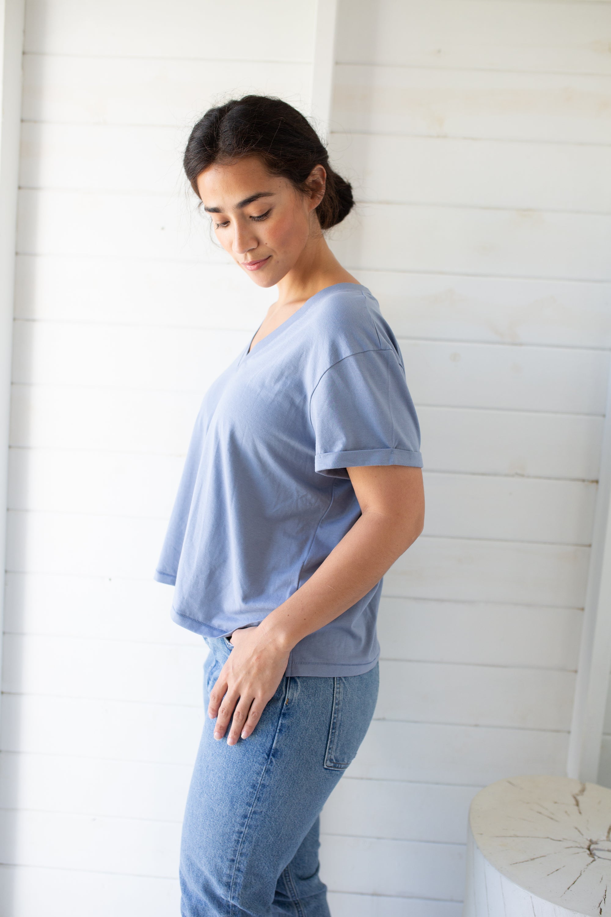 Short Sleeve Roller V Neck Tee - Blue Hydrangea