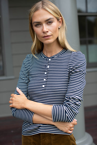 Puff Sleeve Cotton Henley - Navy/Ivory Stripe
