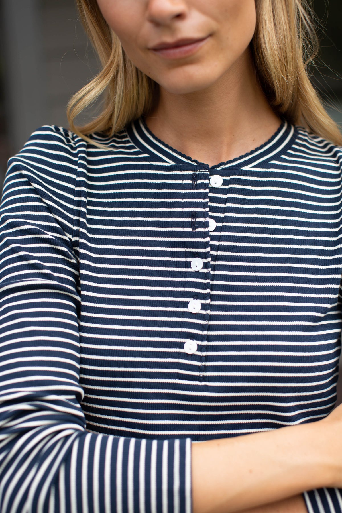 Puff Sleeve Cotton Henley - Navy/Ivory Stripe