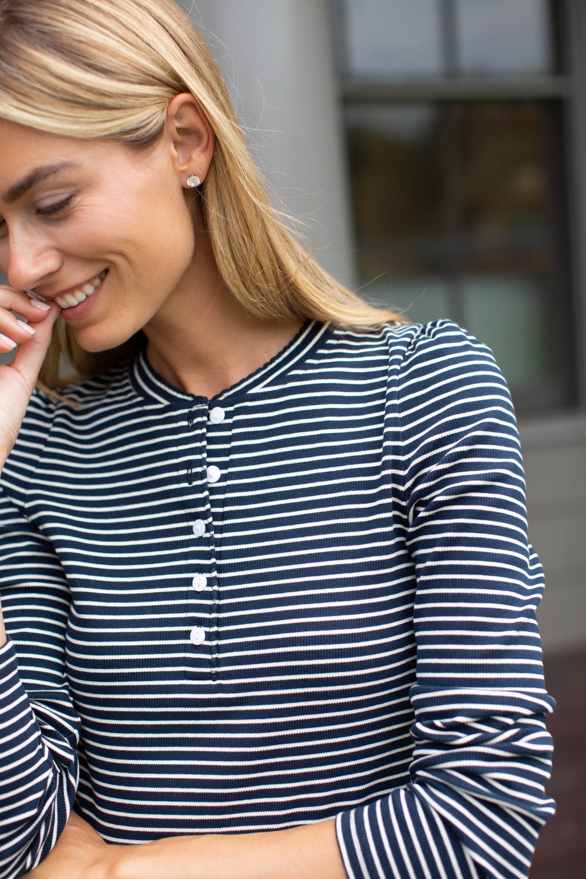 Puff Sleeve Cotton Henley - Navy/Ivory Stripe