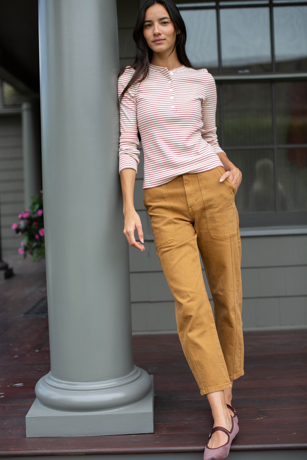 Puff Sleeve Cotton Henley - Ivory/Burgundy Stripe