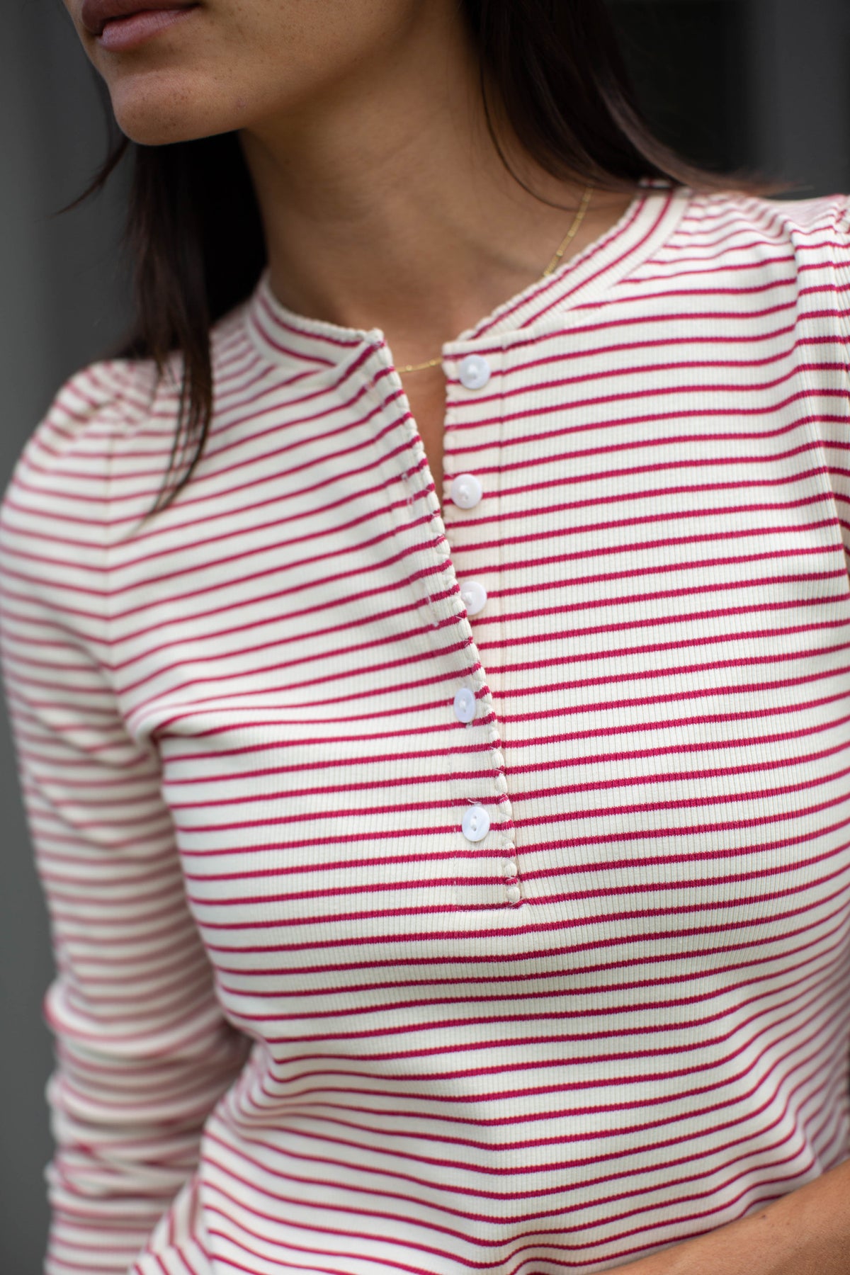 Puff Sleeve Cotton Henley - Ivory/Burgundy Stripe
