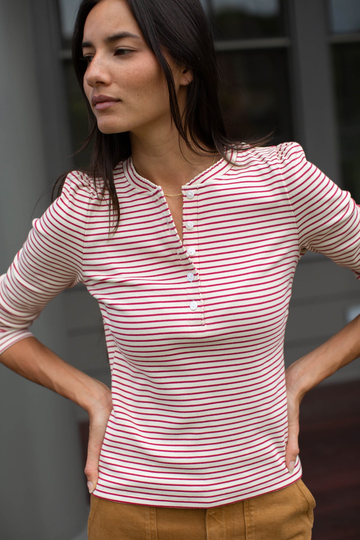 Puff Sleeve Cotton Henley - Ivory/Burgundy Stripe