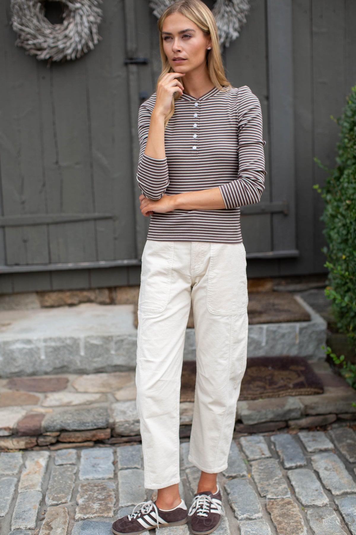 Puff Sleeve Cotton Henley - Chocolate/Ivory Stripe
