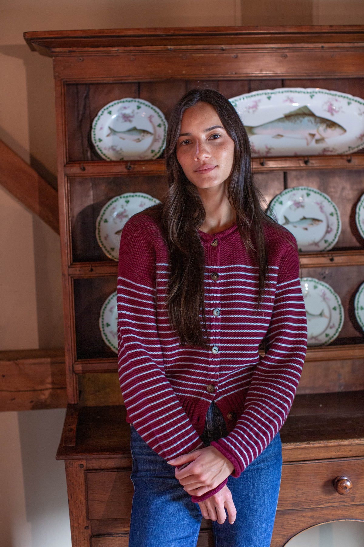 Martha Cardigan - Burgundy/Pale Blue Stripe