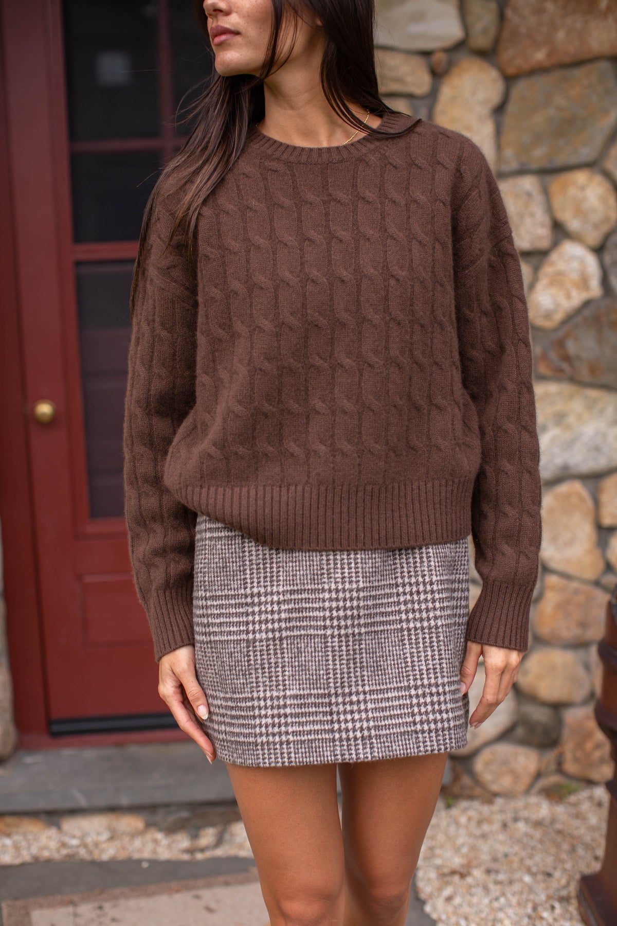 Slouchy Cable Knit Cashmere Sweater - Chocolate