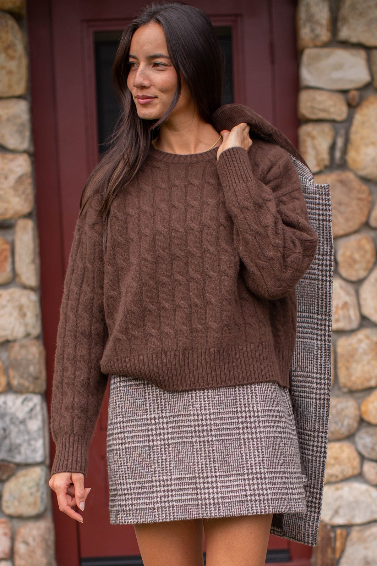 Slouchy Cable Knit Cashmere Sweater - Chocolate