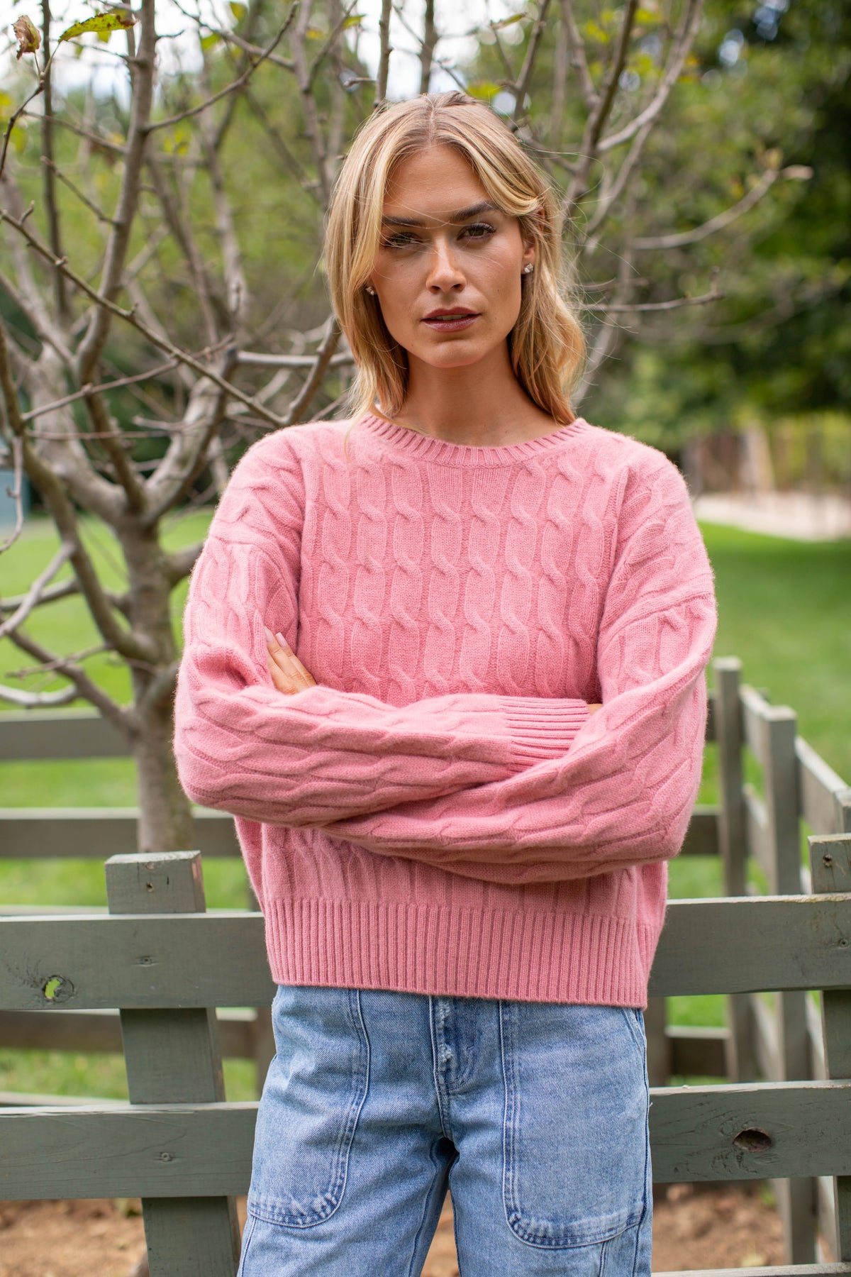 Slouchy Cable Knit Cashmere Sweater - Rose