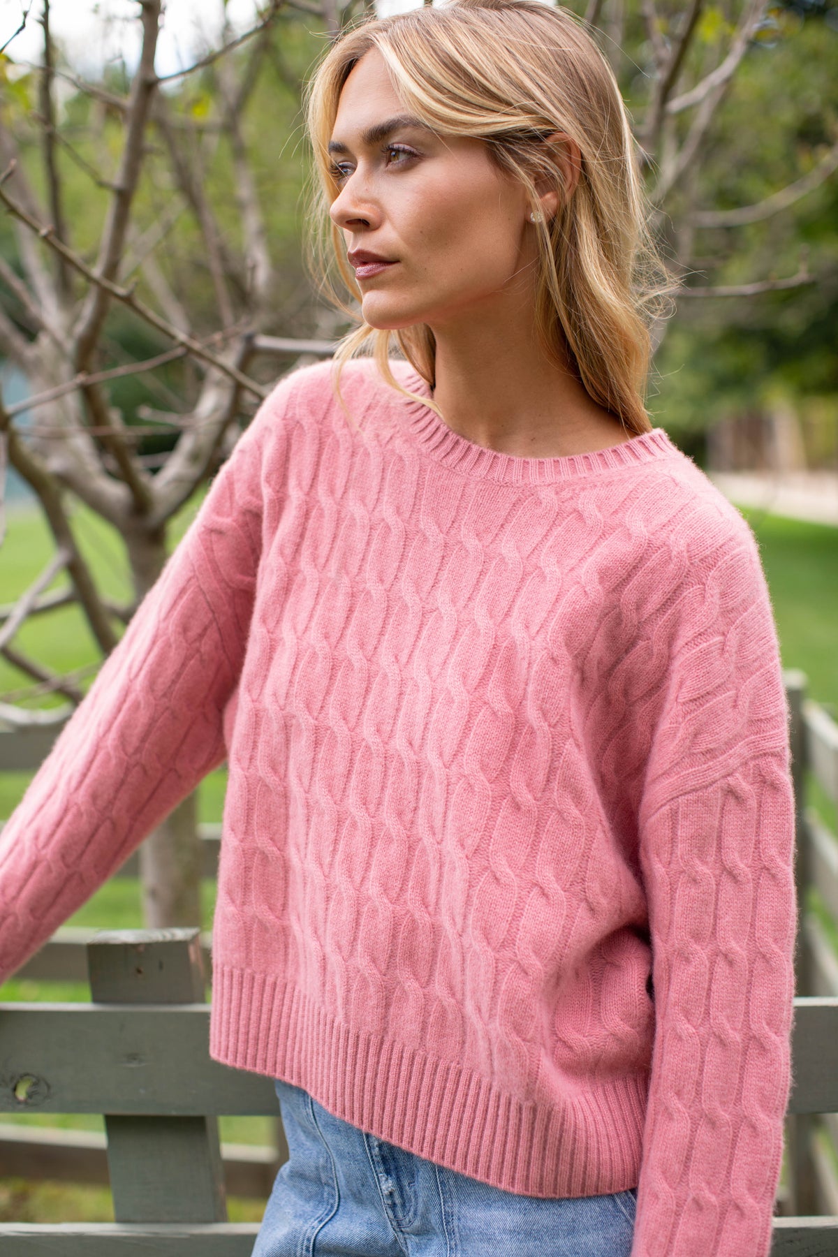 Slouchy Cable Knit Cashmere Sweater - Rose
