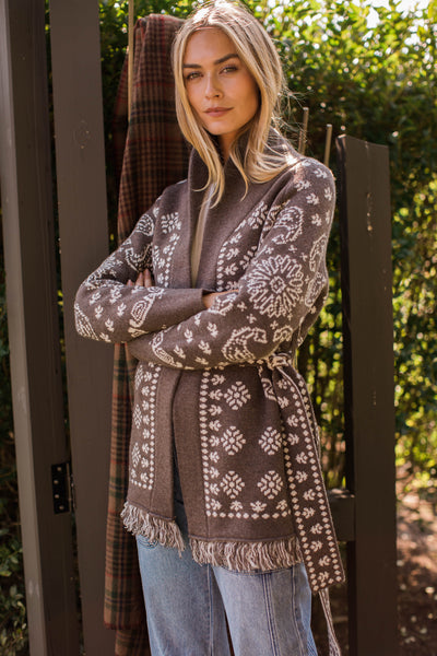Marea Shawl Cardigan in Bandana Fringe - Taupe