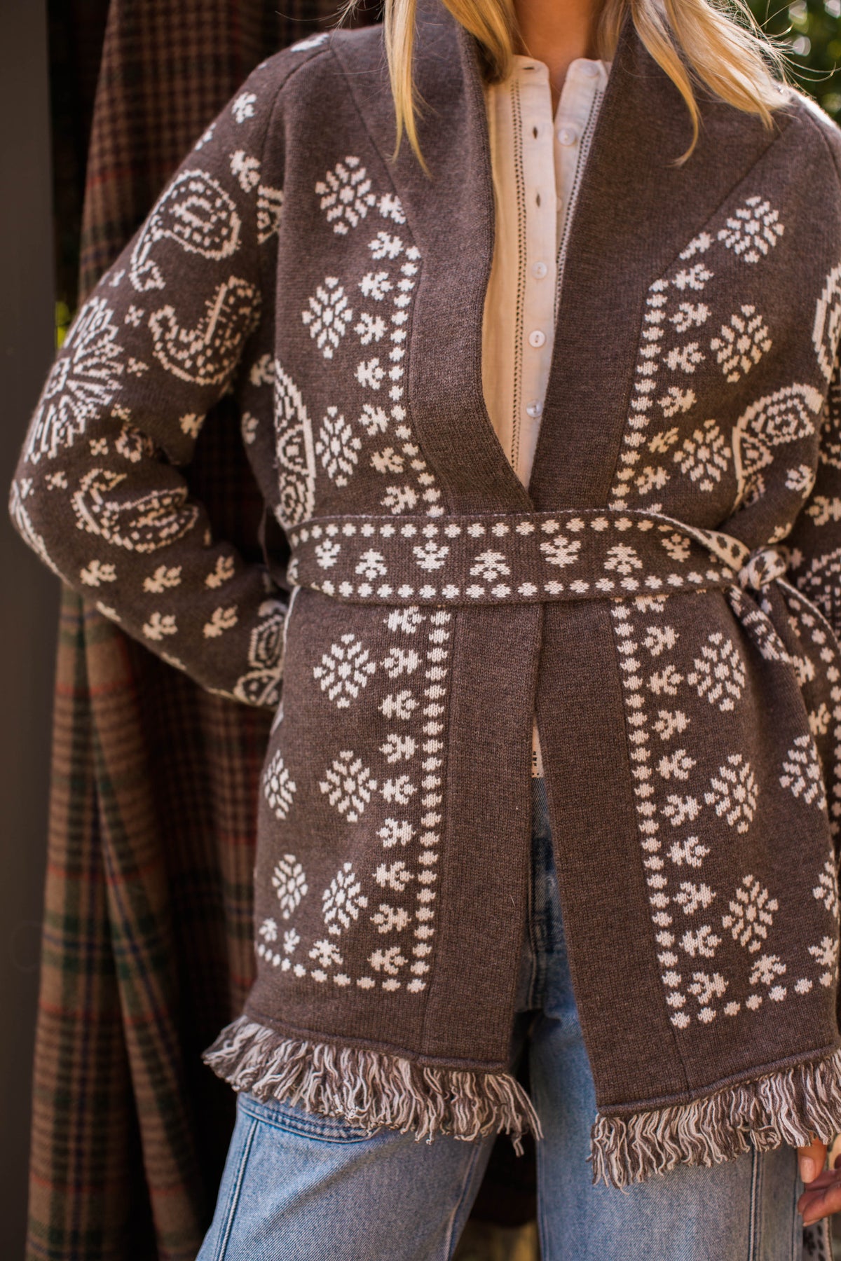Marea Shawl Cardigan in Bandana Fringe - Taupe