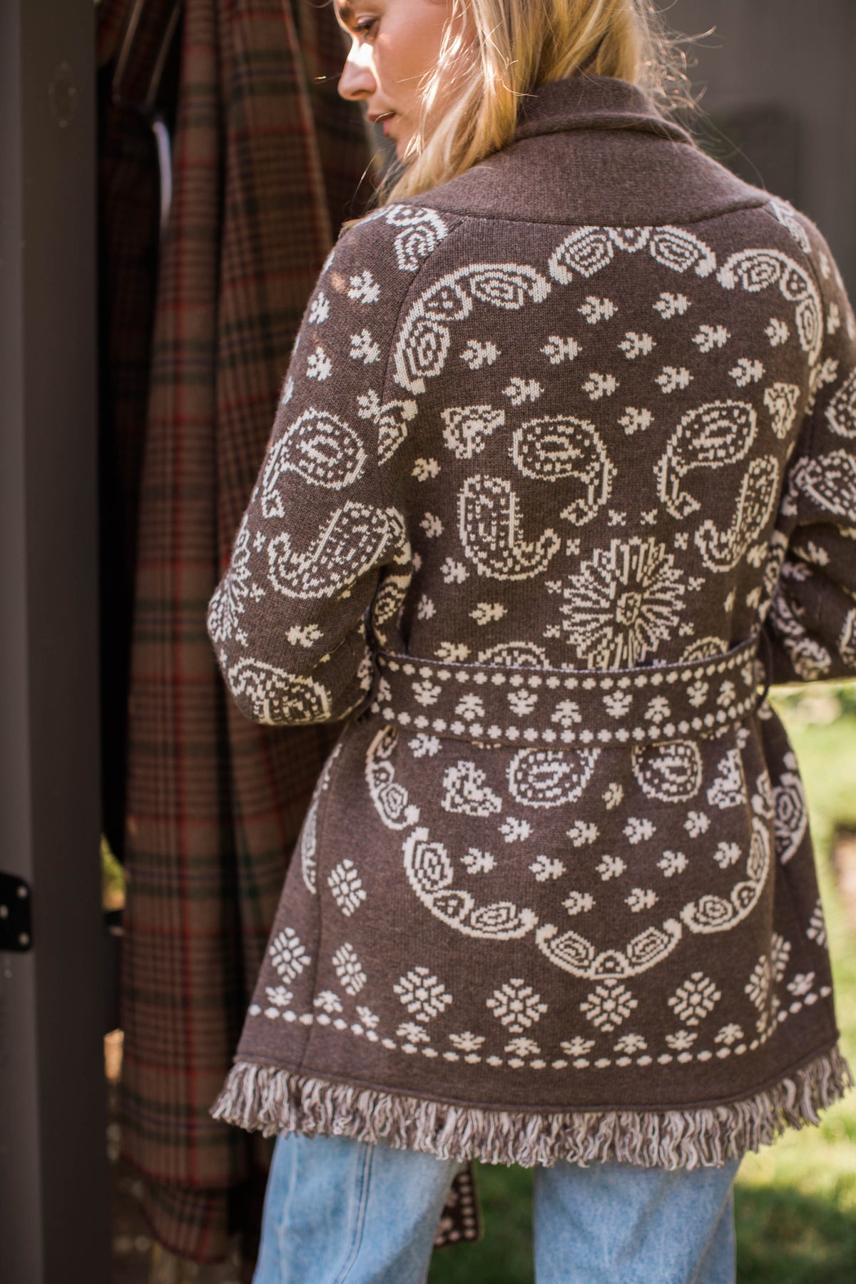 Marea Shawl Cardigan in Bandana Fringe - Taupe