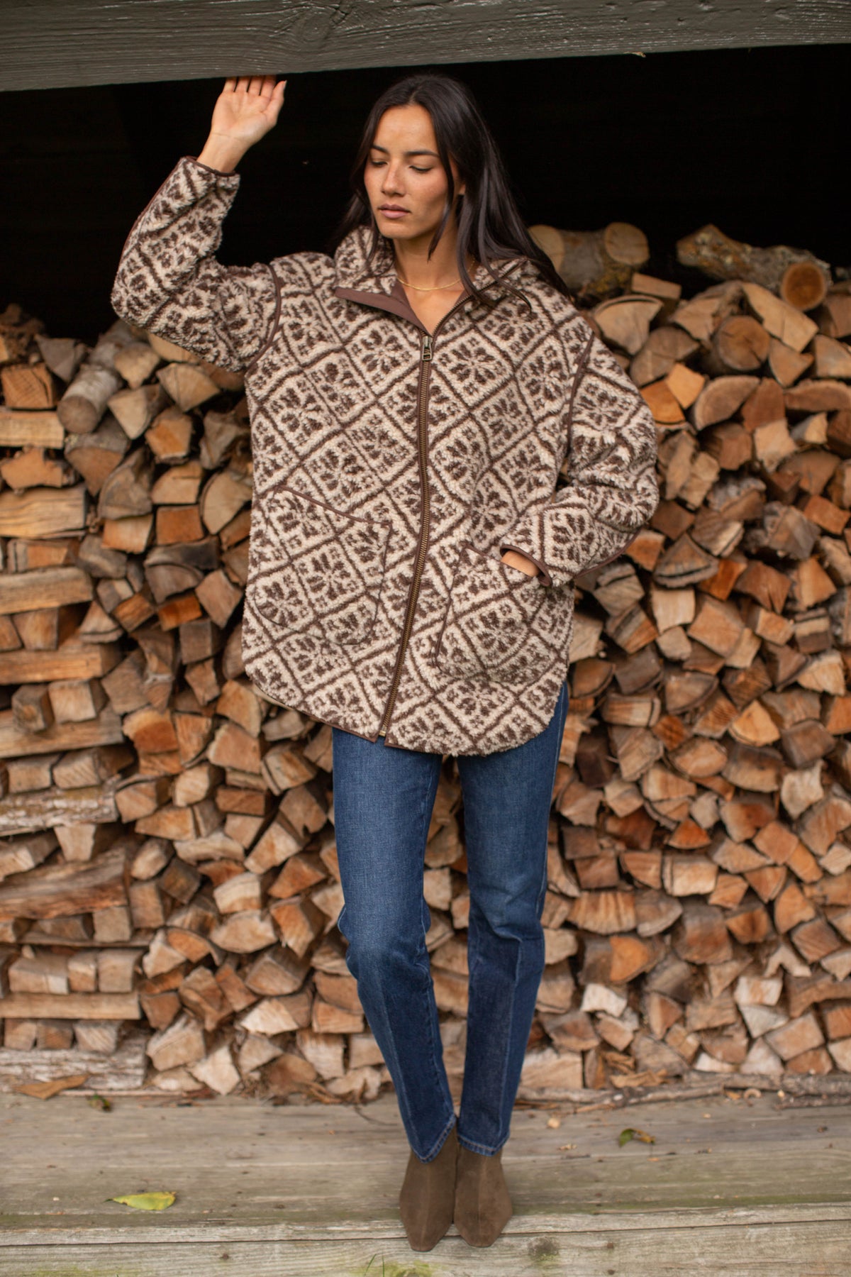Hooded Sherpa Jacket - Brown Tile Jacquard