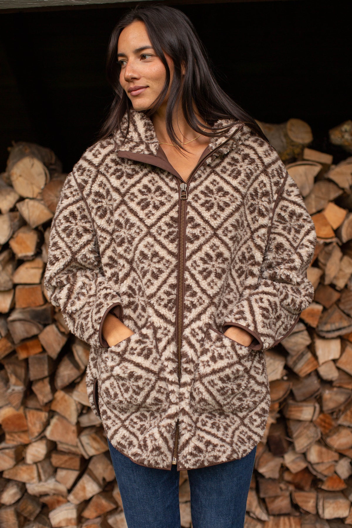 Hooded Sherpa Jacket - Brown Tile Jacquard