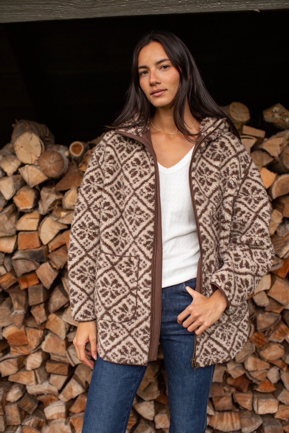 Hooded Sherpa Jacket - Brown Tile Jacquard