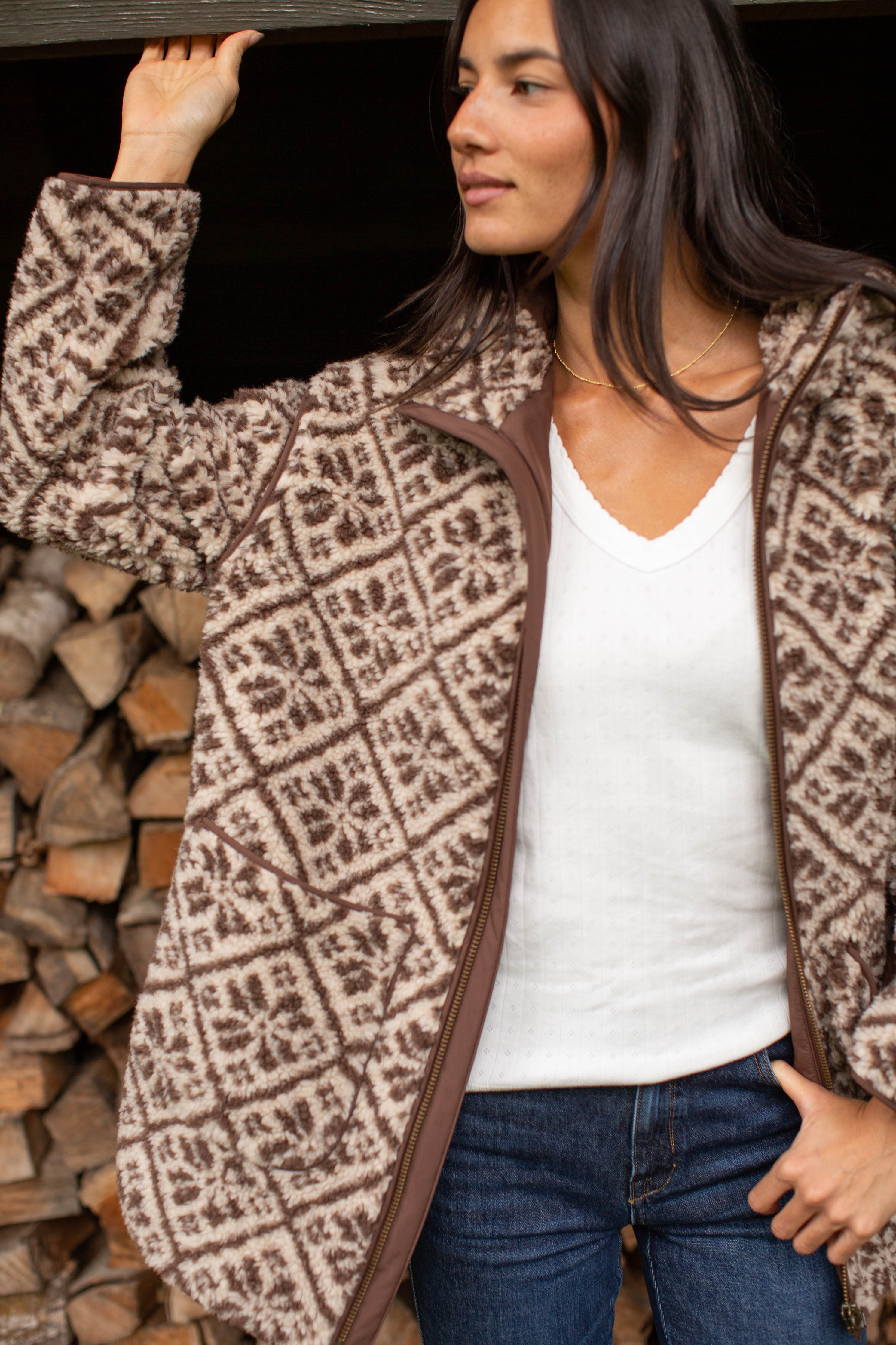 Hooded Sherpa Jacket - Brown Tile Jacquard – Marea by Liz Joy