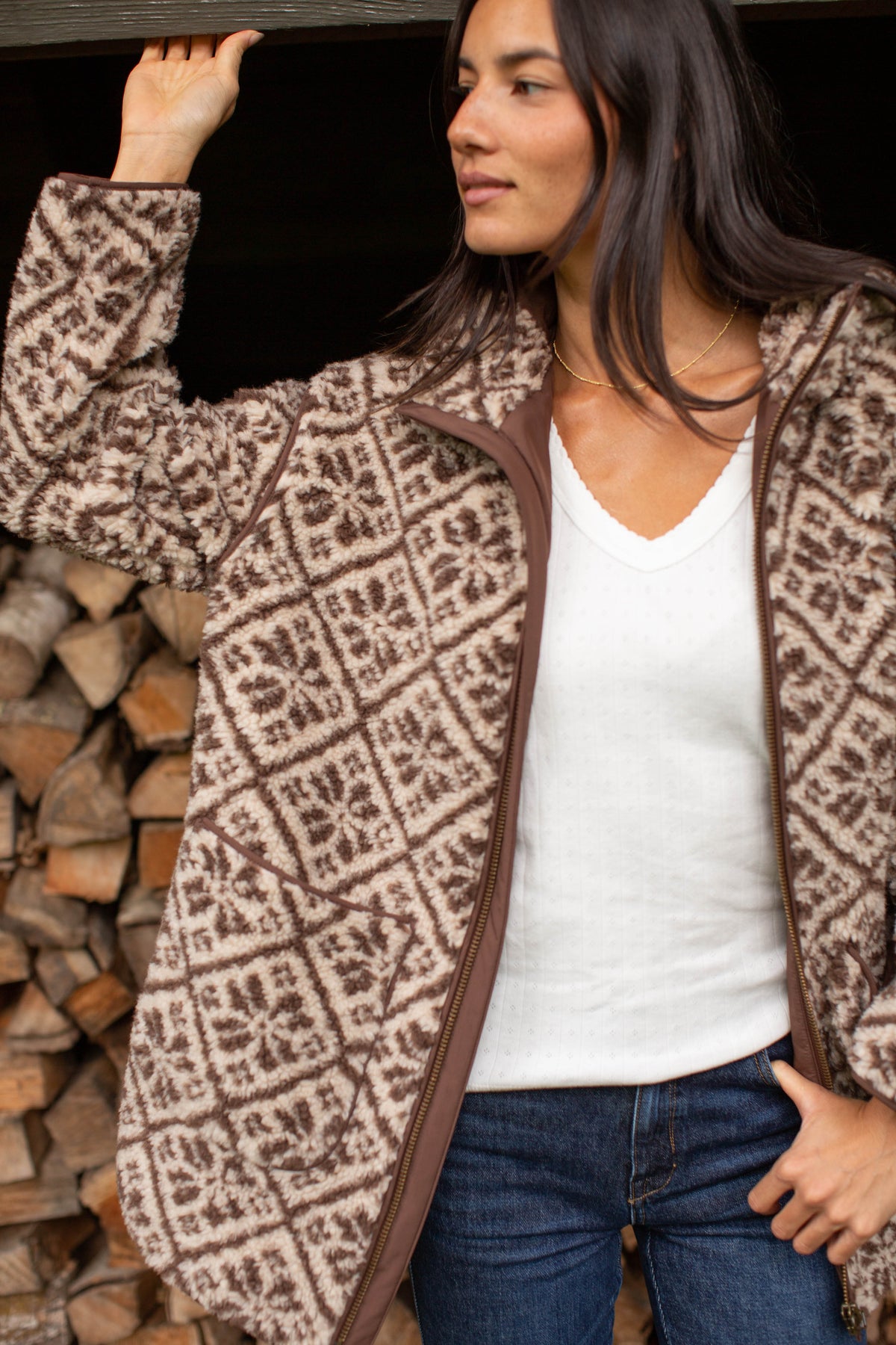 Hooded Sherpa Jacket - Brown Tile Jacquard