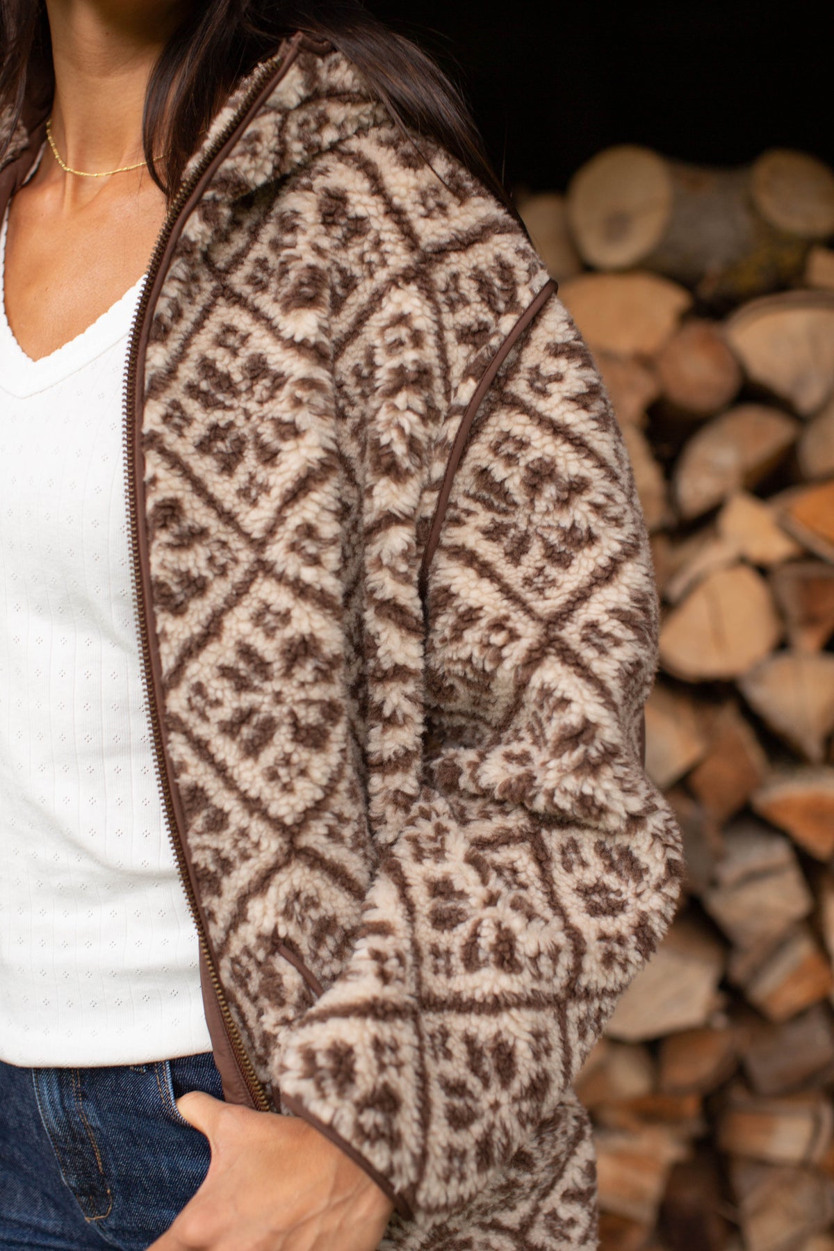 Hooded Sherpa Jacket - Brown Tile Jacquard