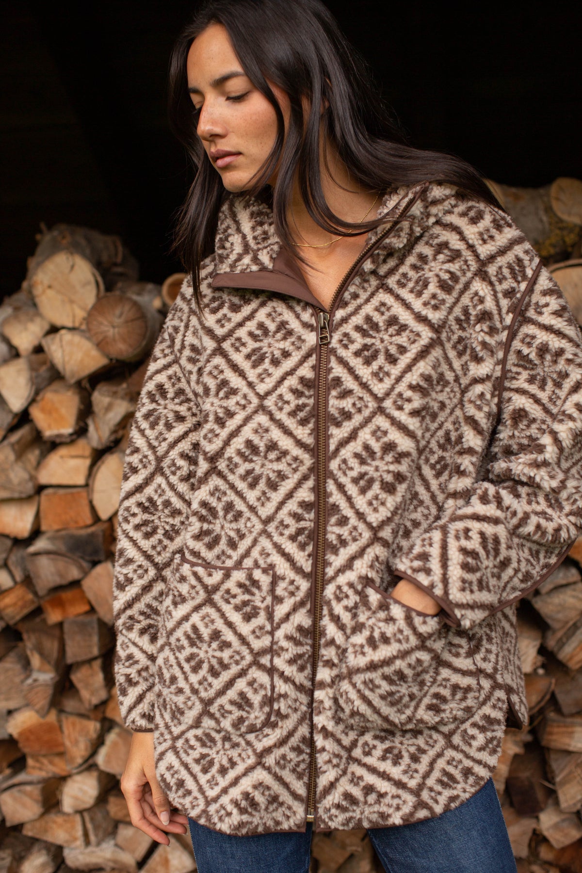 Hooded Sherpa Jacket - Brown Tile Jacquard
