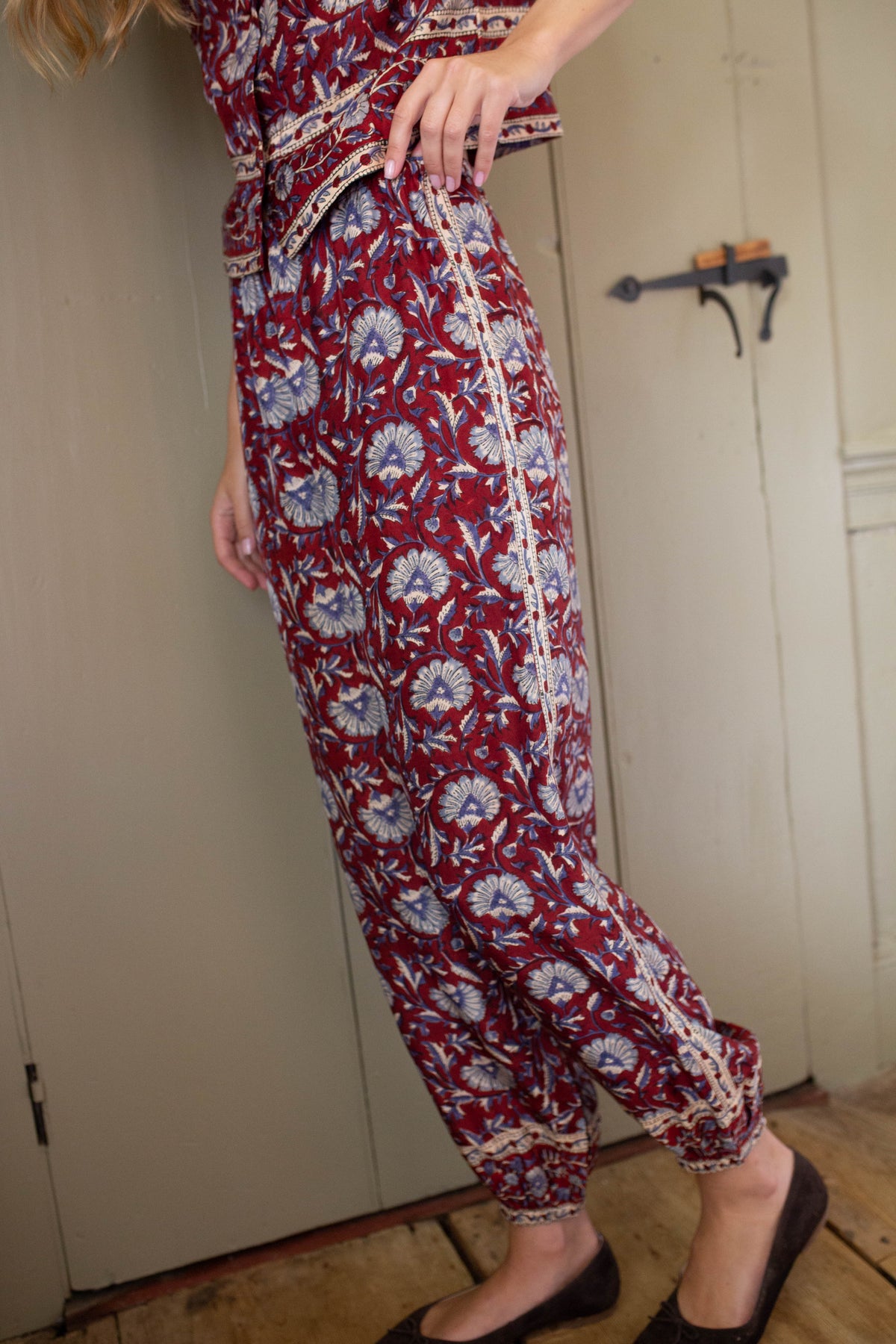 PRE-ORDER Carmine Silk Pant - Burgundy Lotus Print