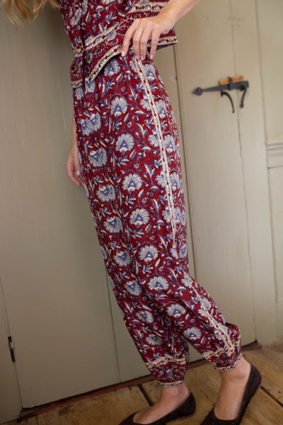 PRE-ORDER Carmine Silk Pant - Burgundy Lotus Print