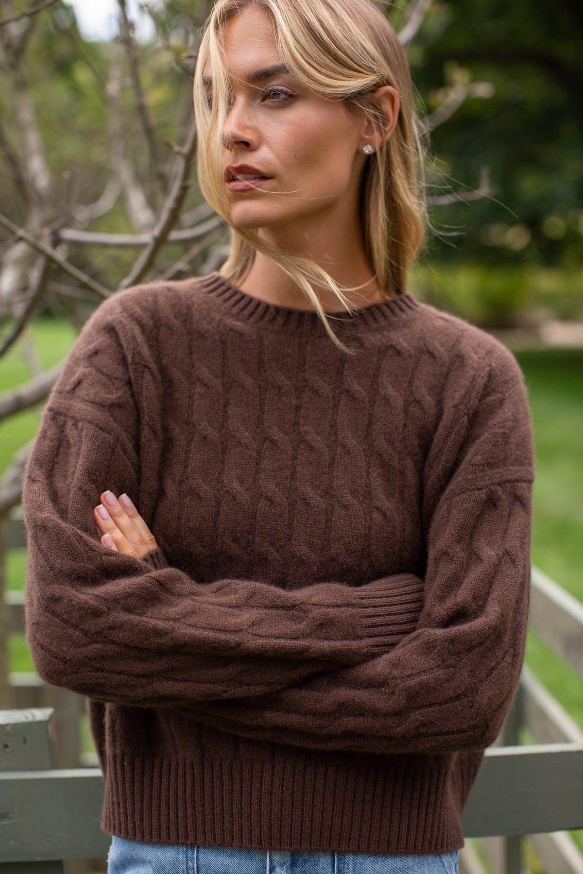 Slouchy Cable Knit Cashmere Sweater - Chocolate