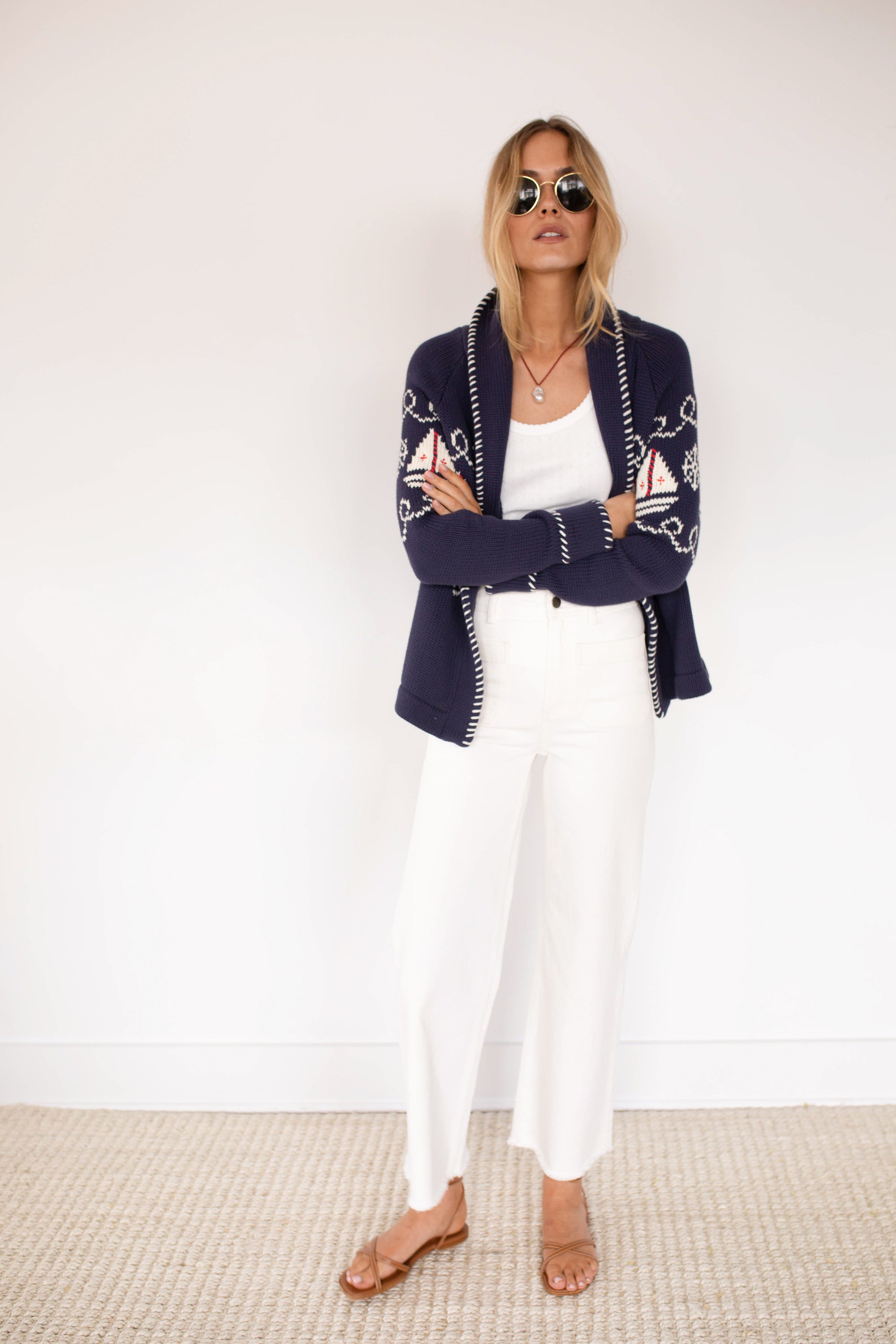 Marea Shawl Cardigan in Nautical Intarsia – Navy