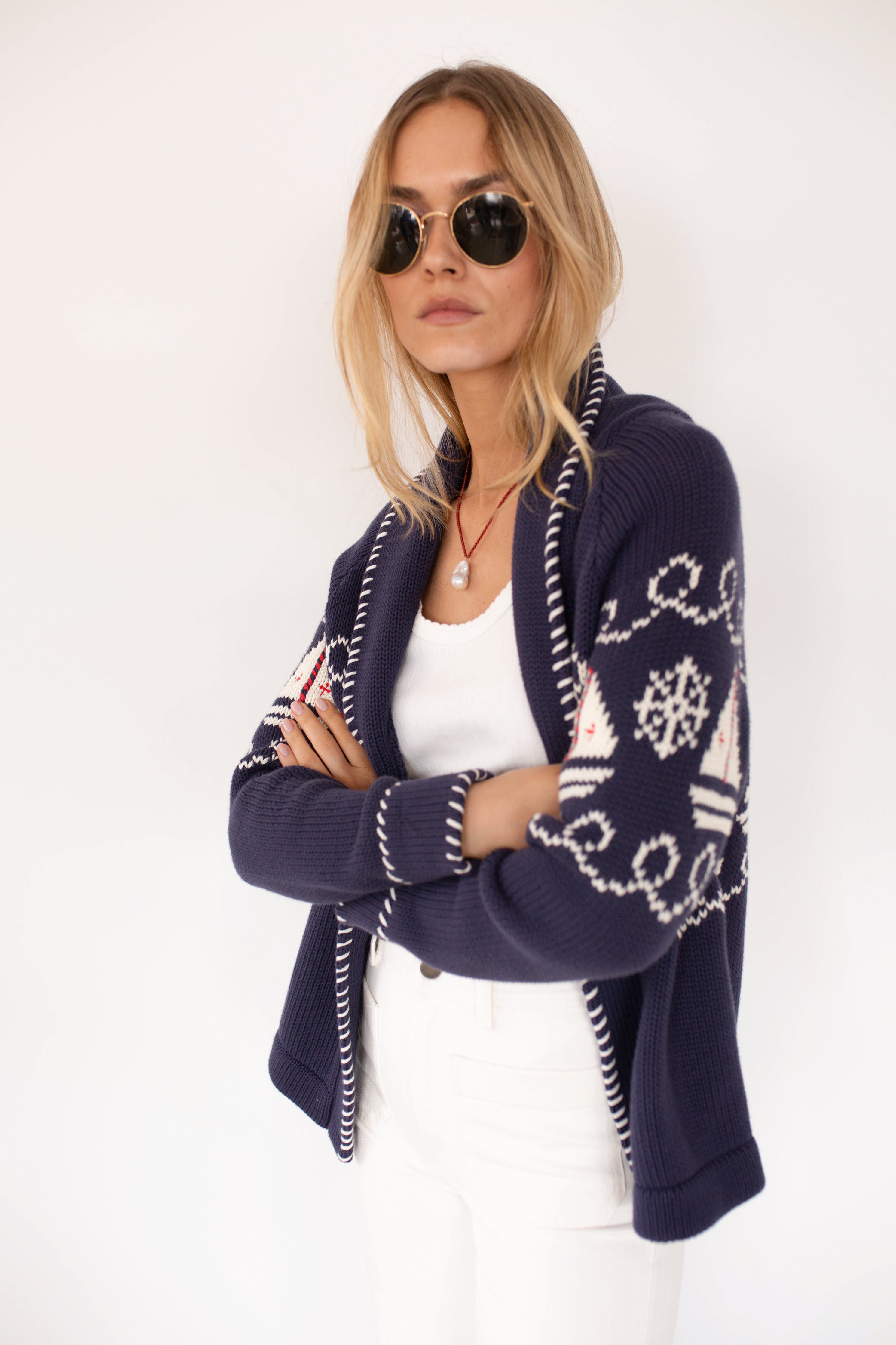 Marea Shawl Cardigan in Nautical Intarsia – Navy – Marea by Liz Joy