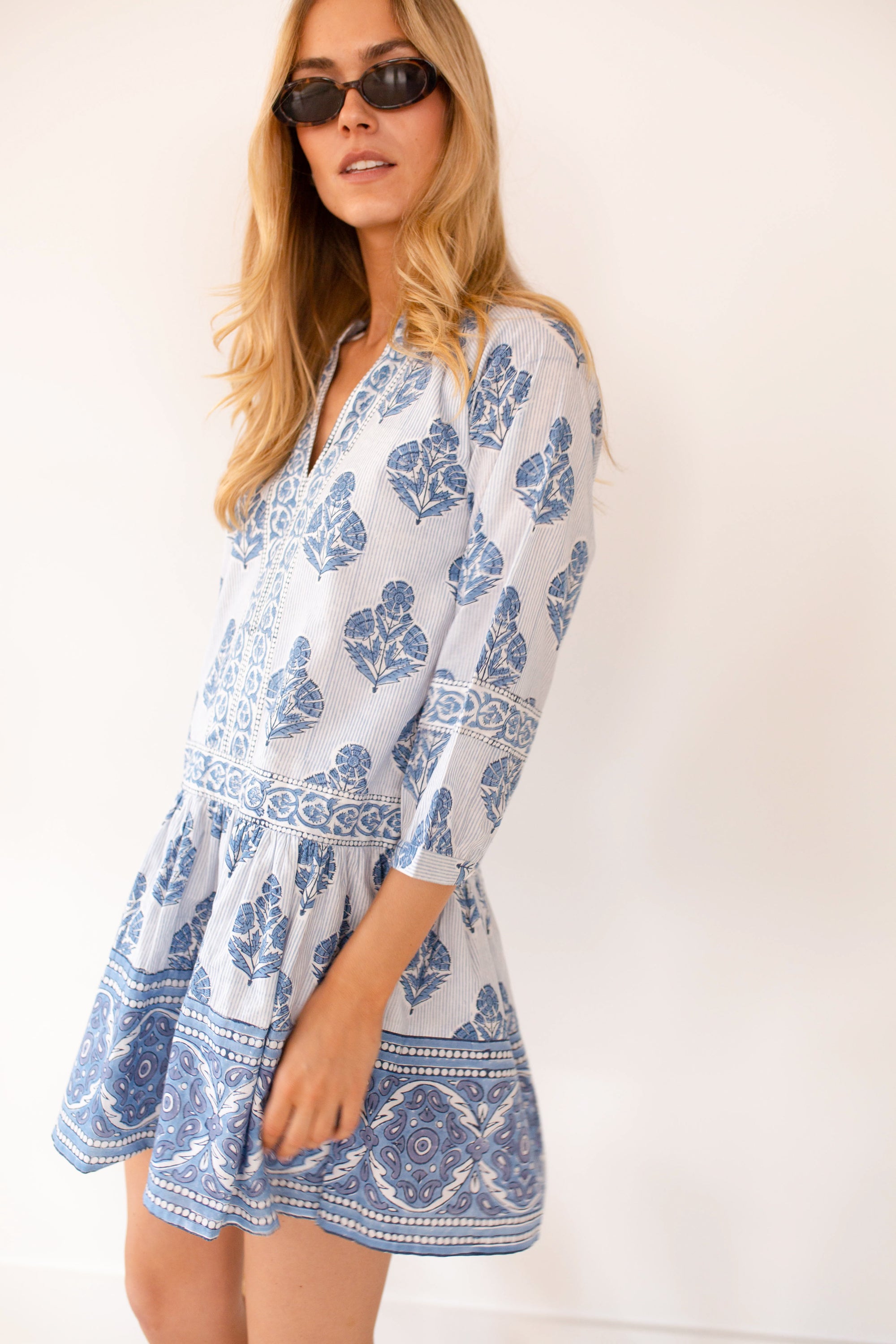 Jeanine Dress - Indigo Striped Hollyhock