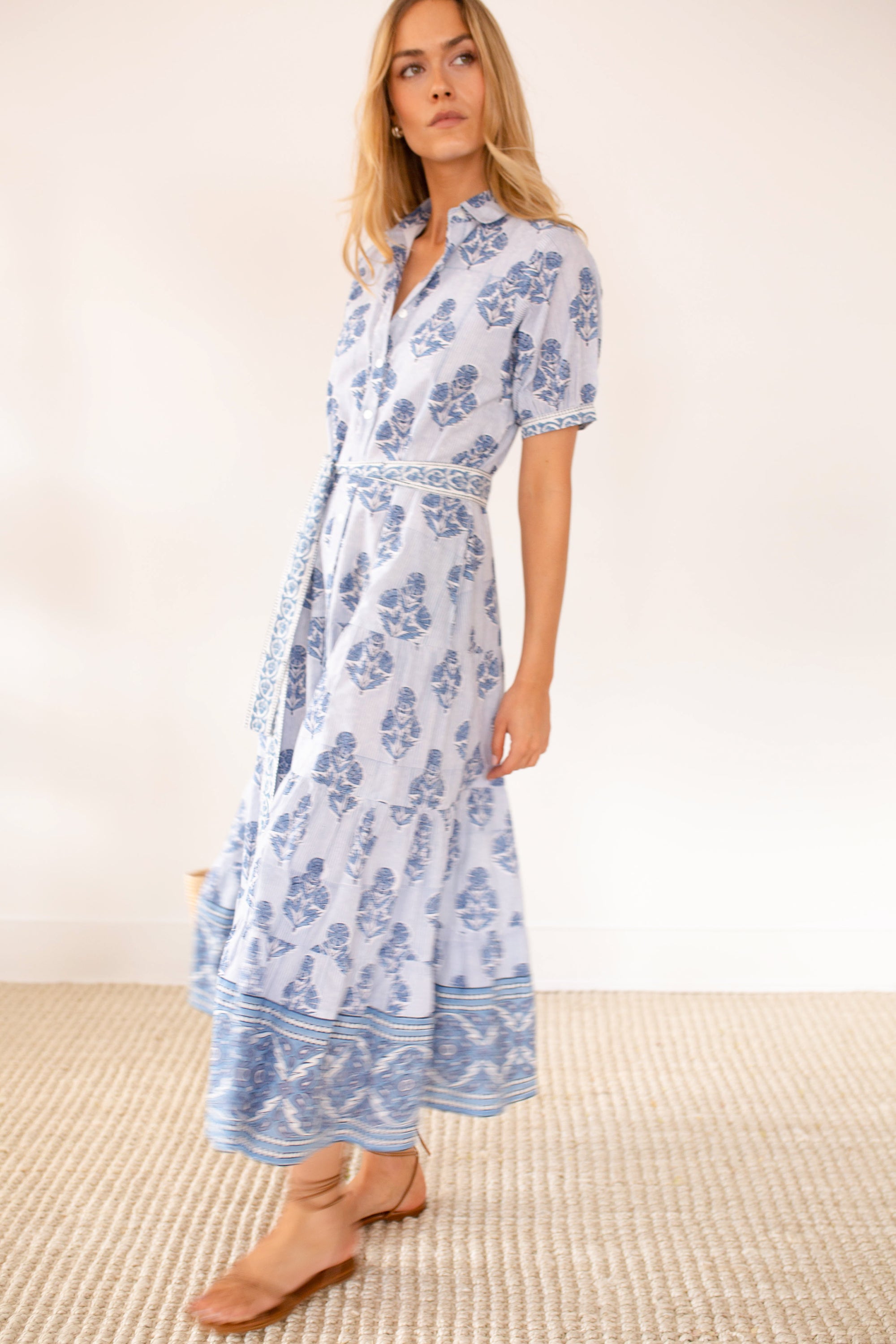 Short Sleeve Shirt Dress - Indigo Striped Hollyhock