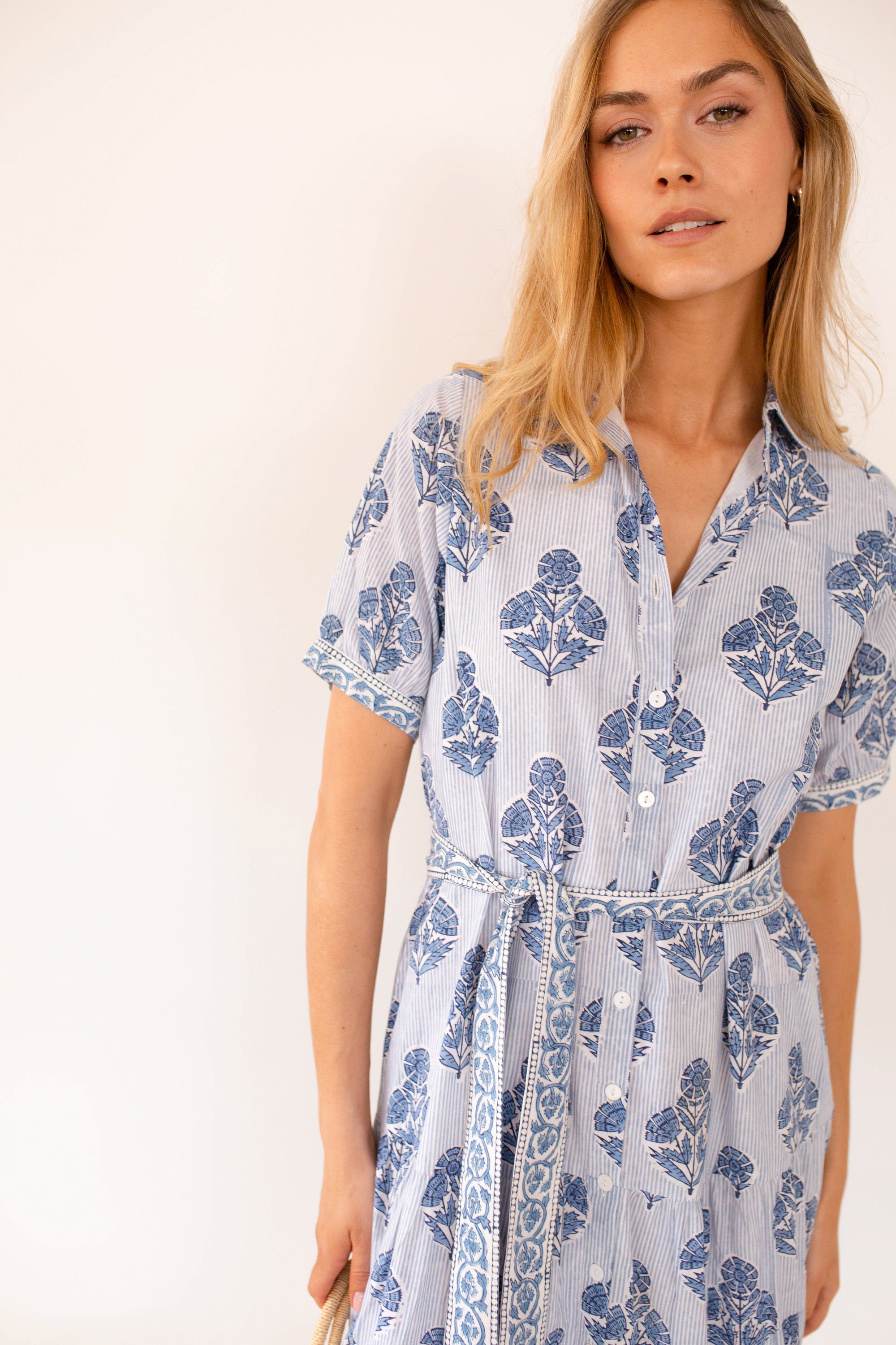 Short Sleeve Shirt Dress - Indigo Striped Hollyhock