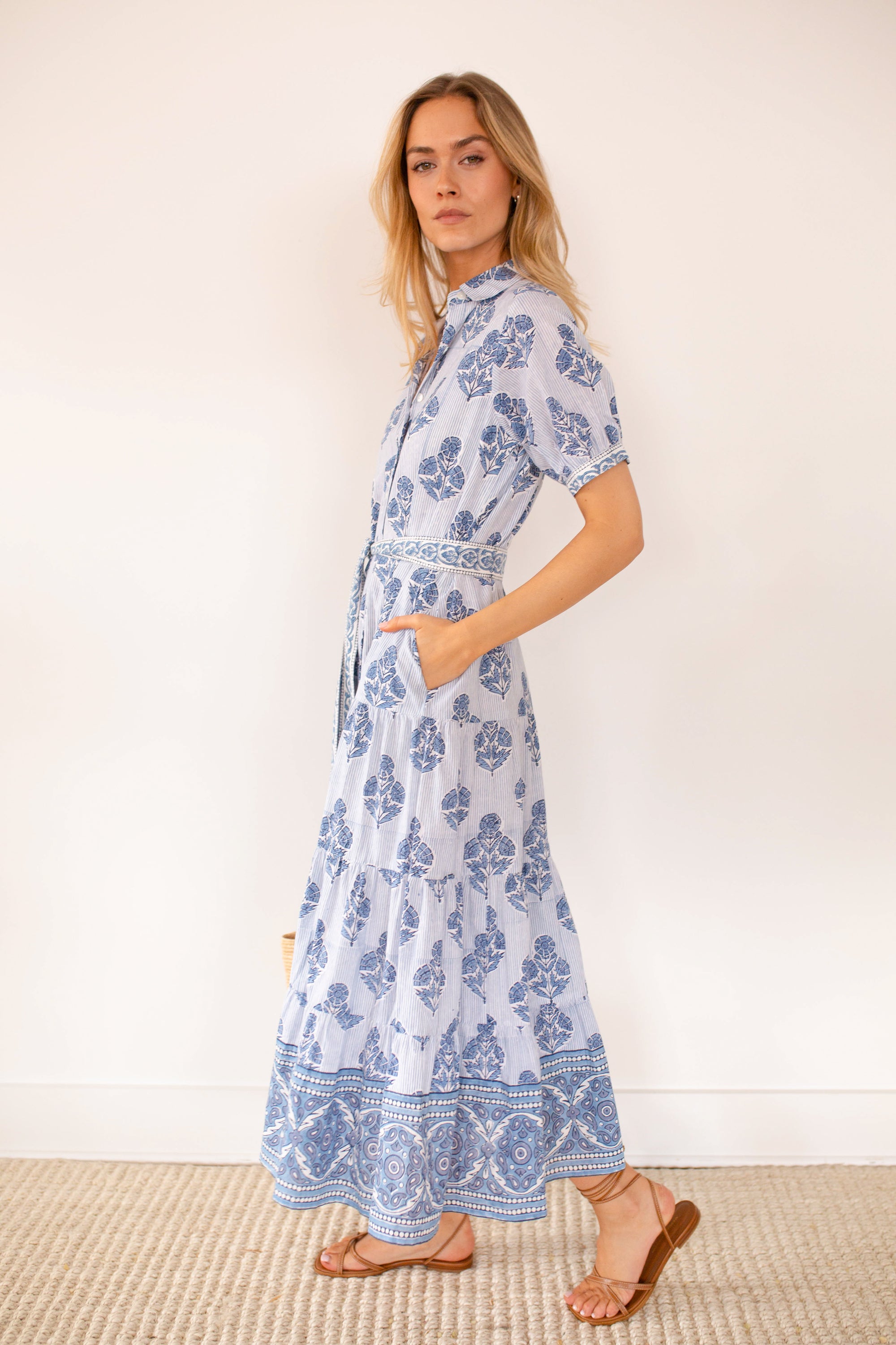 Short Sleeve Shirt Dress - Indigo Striped Hollyhock