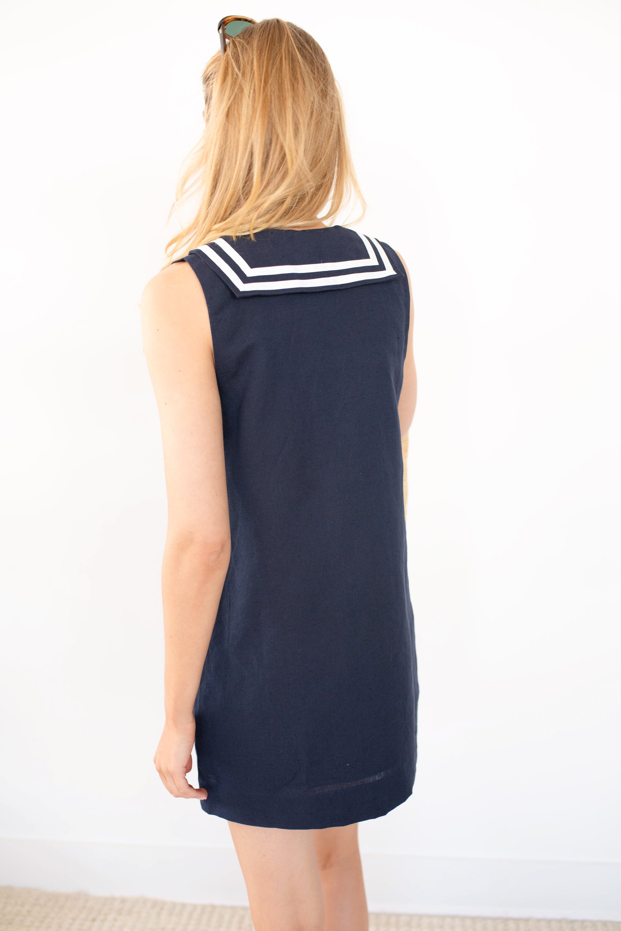 navy blue shift dress Sail to Sable Metallic Tweed Short Sleeve NAVY / L / H2522 No stretch Bold Flower Shift, Navy