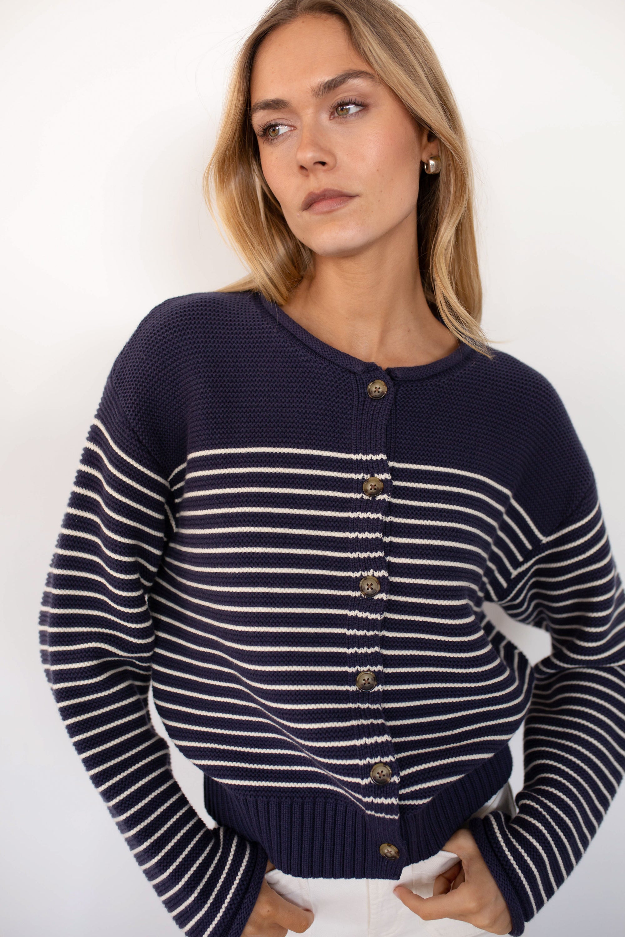 Martha Cardigan - Navy/Ivory Stripe